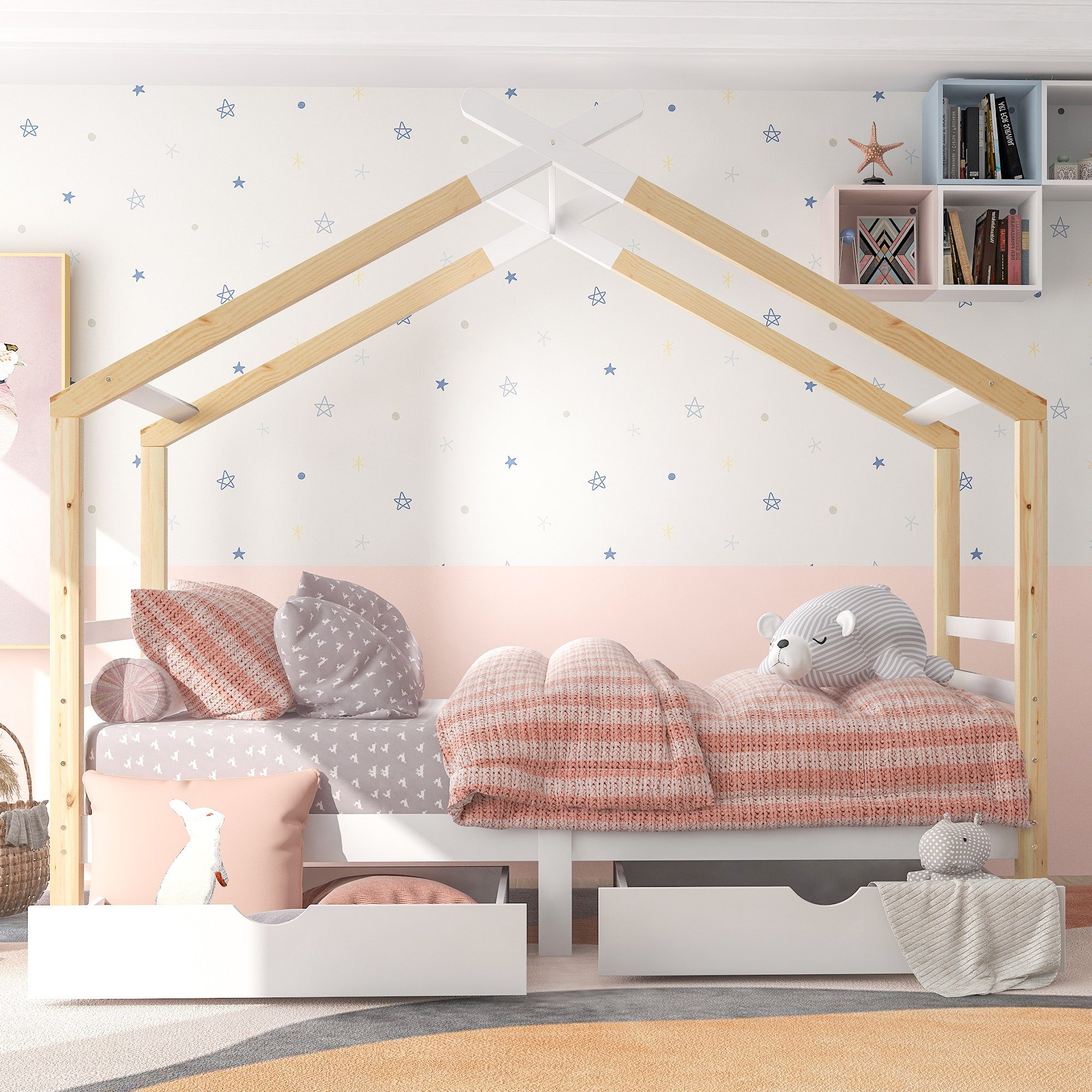 Kinderbett, Hausbett Jugendbett mit Bettschubkasten und Lattenrost, 90x200 cm