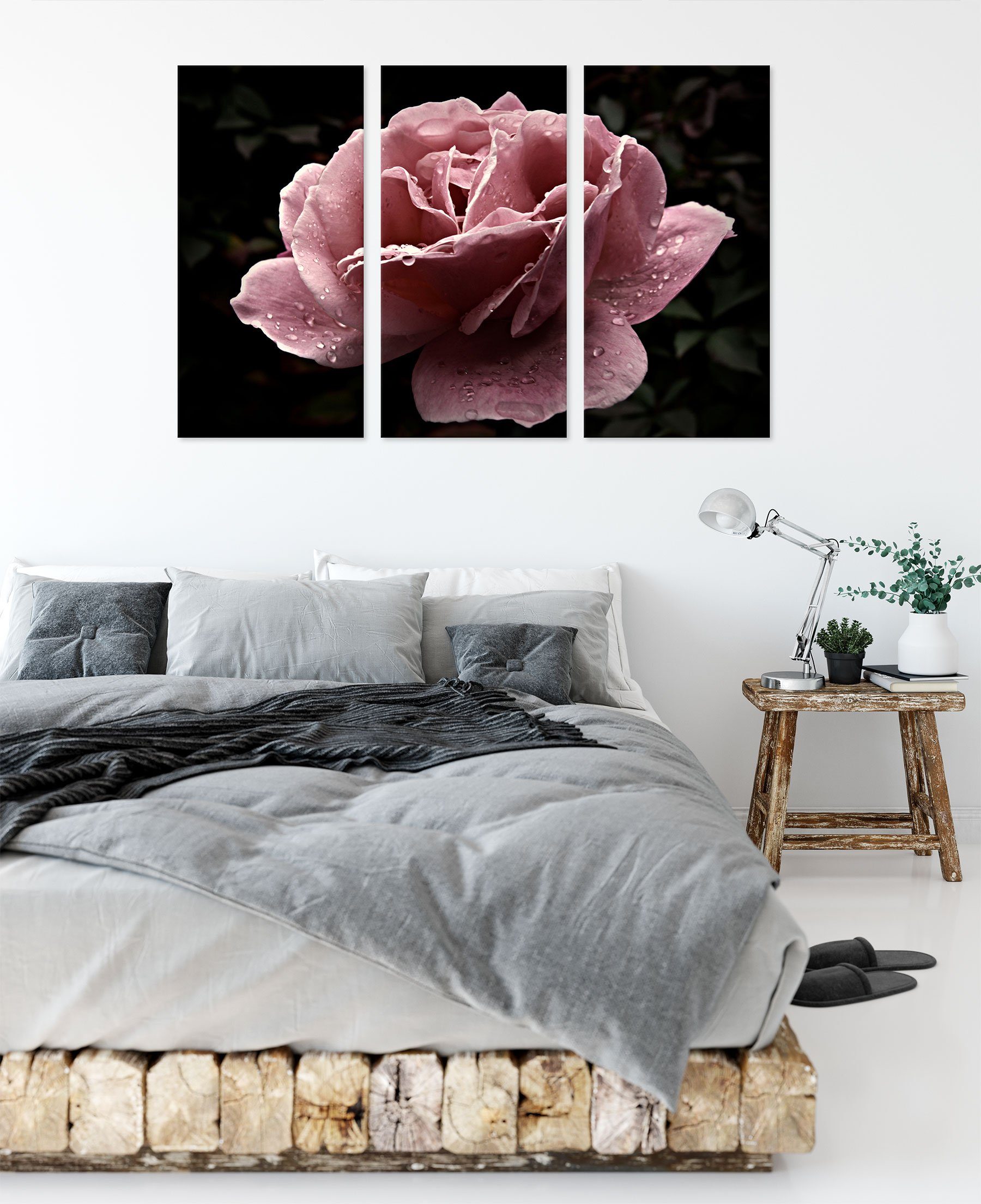 Zackenaufhänger rosafarbene St), zarte (120x80cm) inkl. Rosenblüte zarte (1 Leinwandbild fertig Leinwandbild Pixxprint rosafarbene 3Teiler Rosenblüte, bespannt,