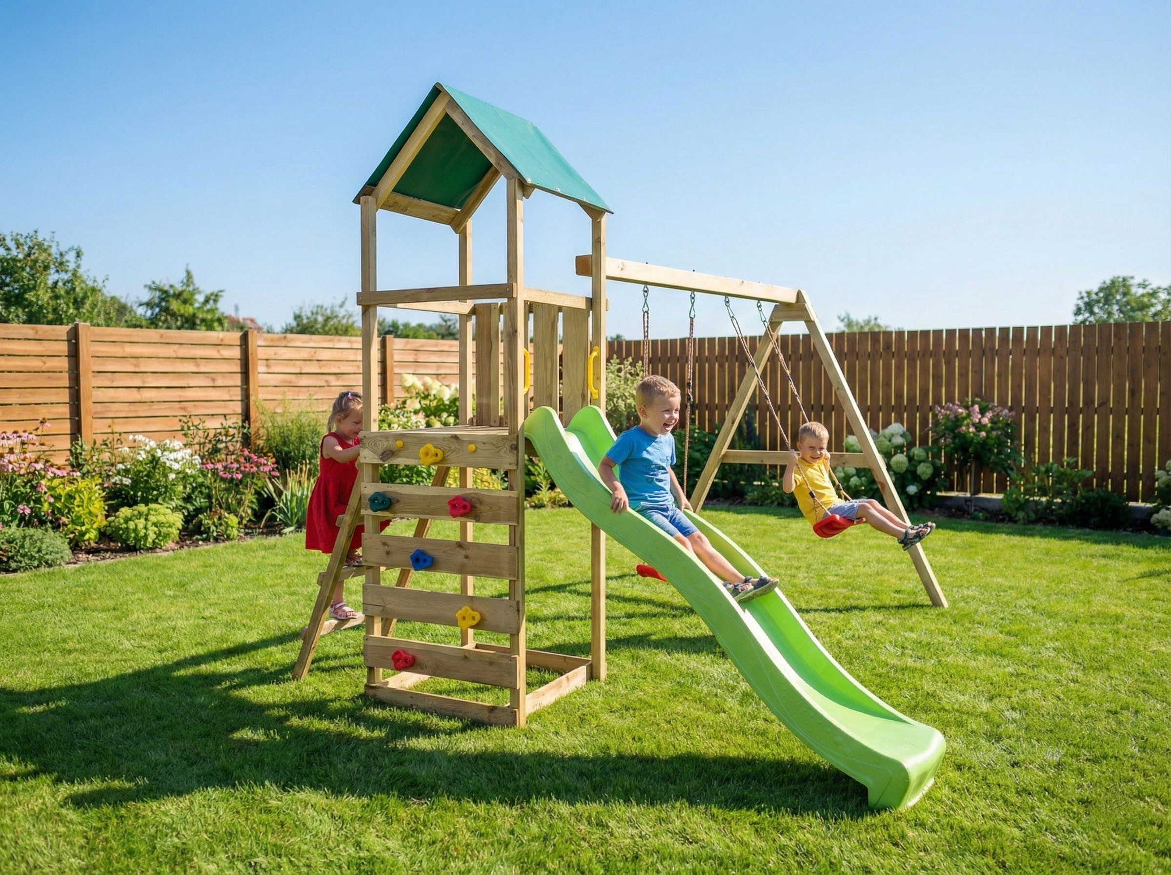 FUNGOO Spielturm MaxPlay 2.1, mit Rutsche, Doppelschaukel und Kletterwand