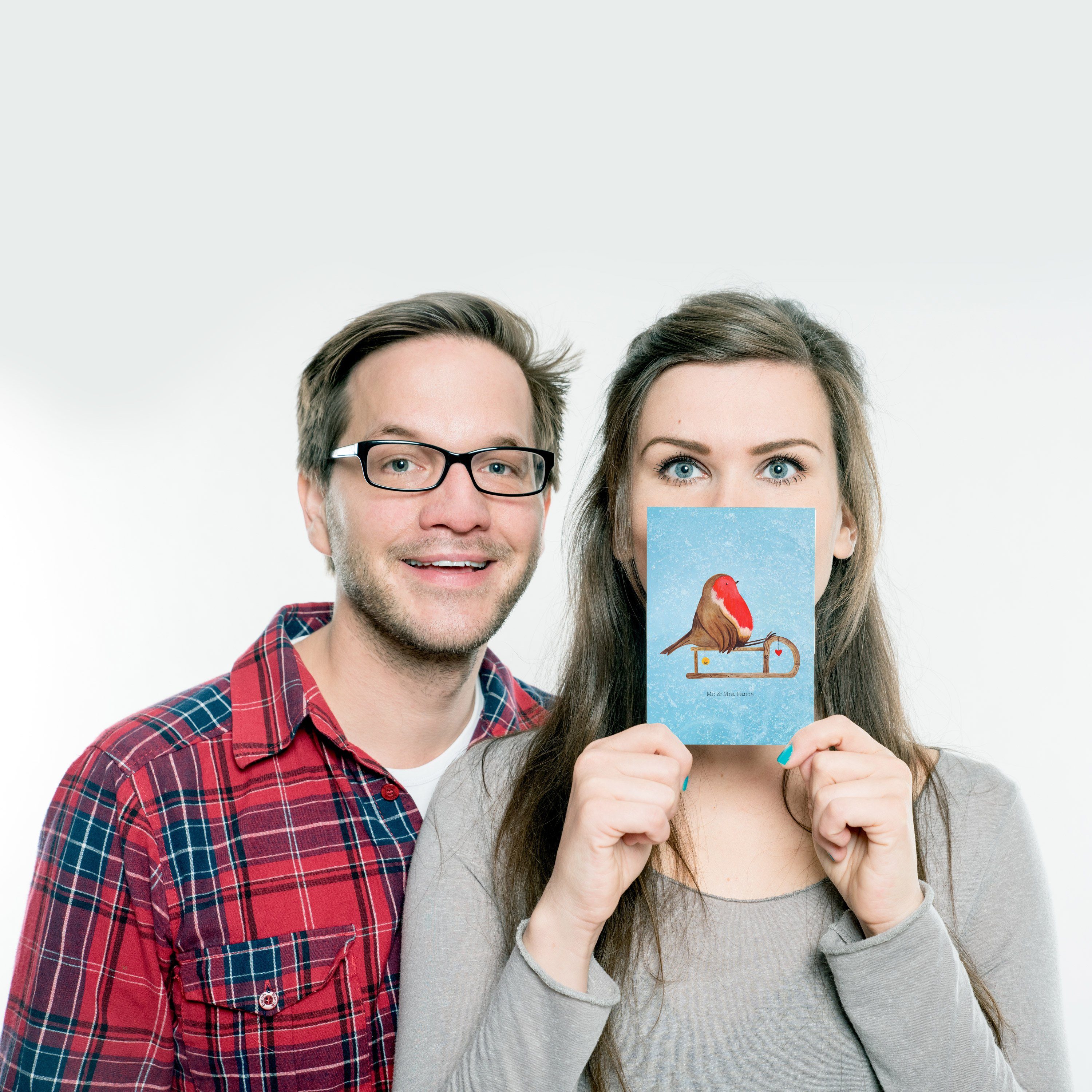 Mr. & Mrs. Schlitten Einladung, Postkarte Rotkehlchen Geschenk, Eisblau Panda - Karte, Vogel 