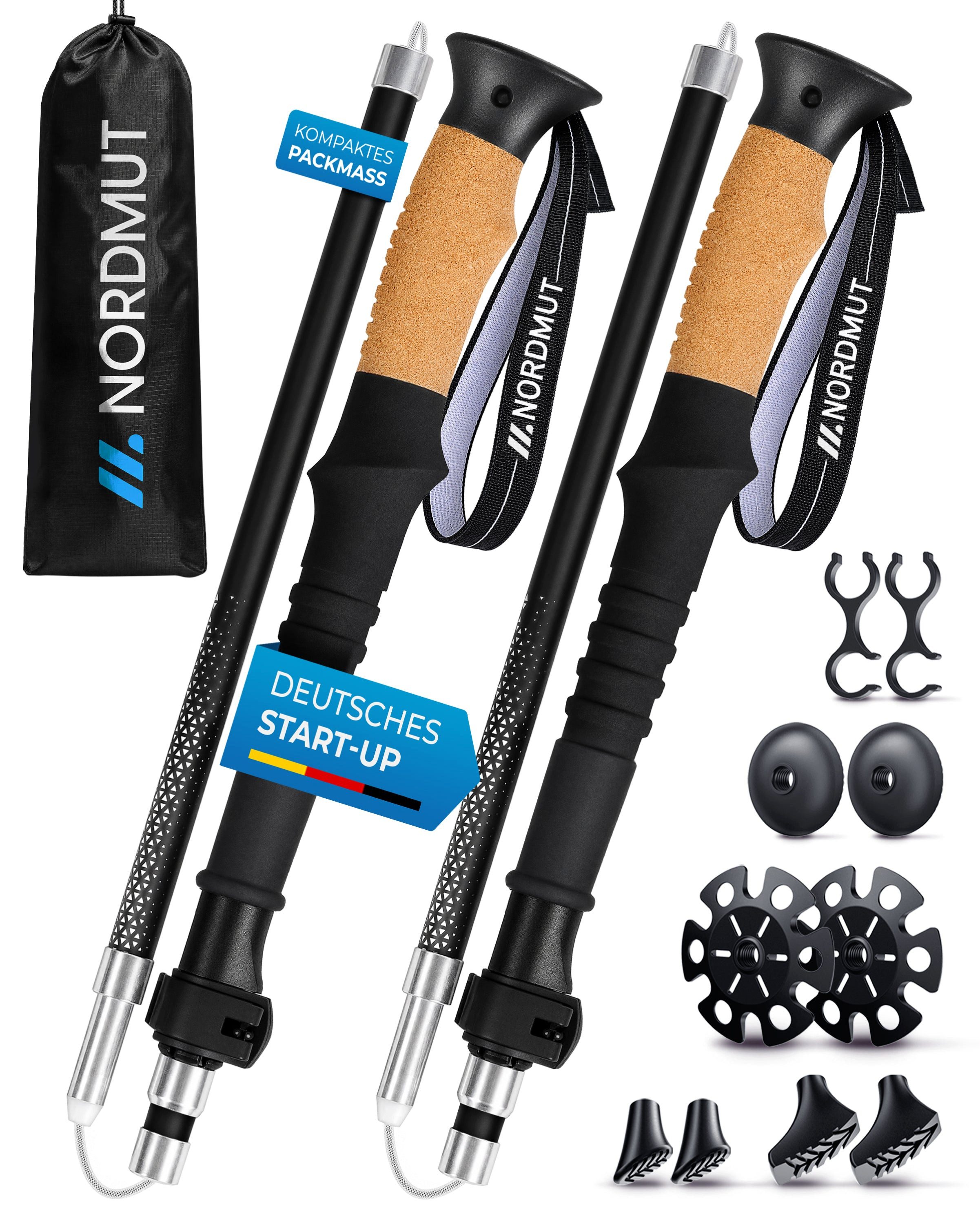 Nordmut Wanderstöcke faltbar, Nordic Walking Stöcke ultraleicht mit Korkgriff und Tasche (Set, 2 St., mit Tasche, Gummipuffern, Schnee- und Matschtellern), Trekkingstöcke faltbar, kleines Packmaß, Quick-Lock, Damen und Herren