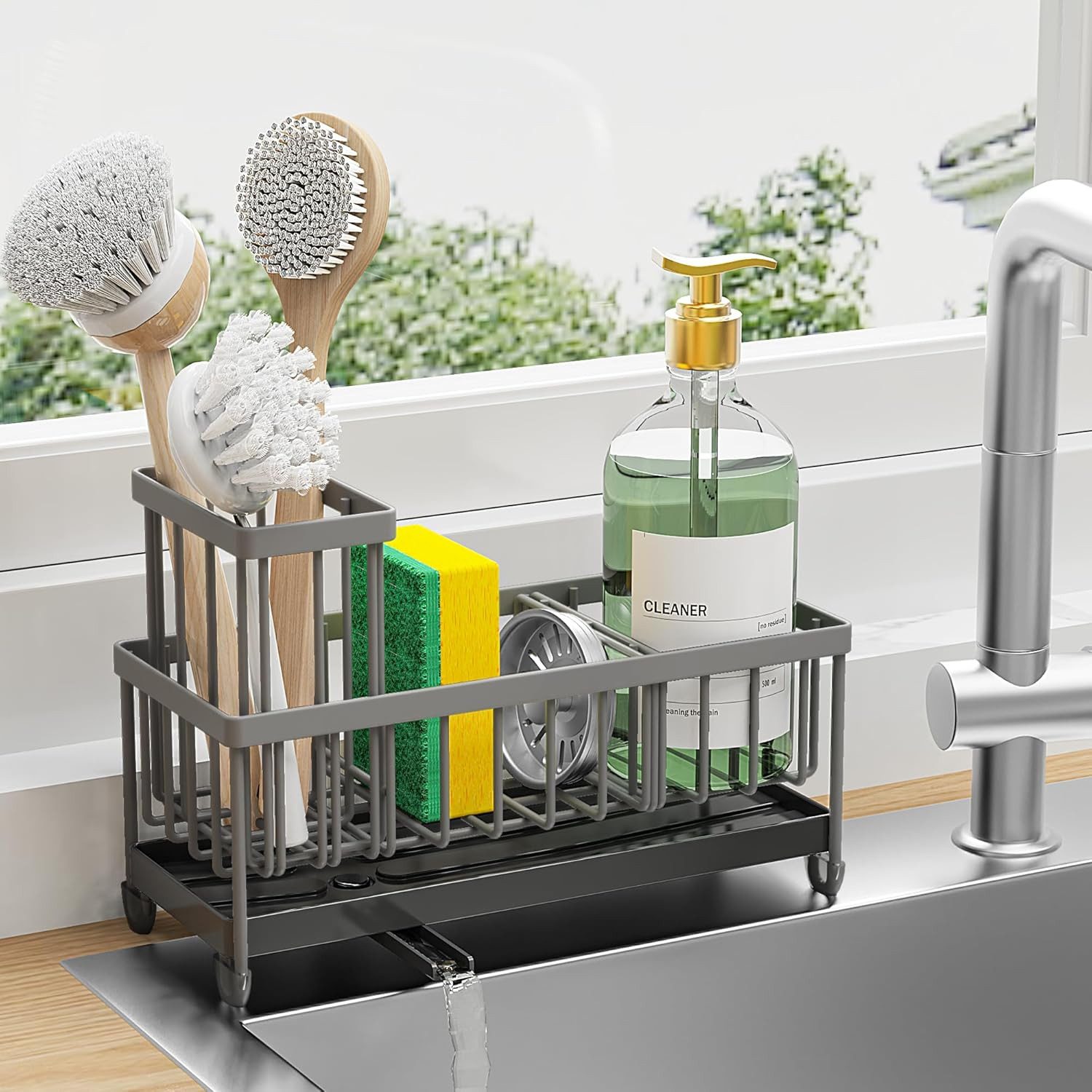 SURFOU Küchenorganizer-Set Spülbecken Organizer Küchen Organizer Spüle Organizer Schwammhalter, (Sink Caddy Kitchen Organizer, Schwammhalter Spülorganizer, Spülmittel Halterung, Spülutensilien Aufbewahrung,Hochwertiger Kohlenstoffstahl, Waschbecken Abwasch Organizer für küche und bad, 1-tlg., Spülmittel Halterung, von bürsten, schwämmen und reinigungsmitte), mit 360° drehbares Ablaufrohr, Schwarz, 23,5*10,2*9/16cm