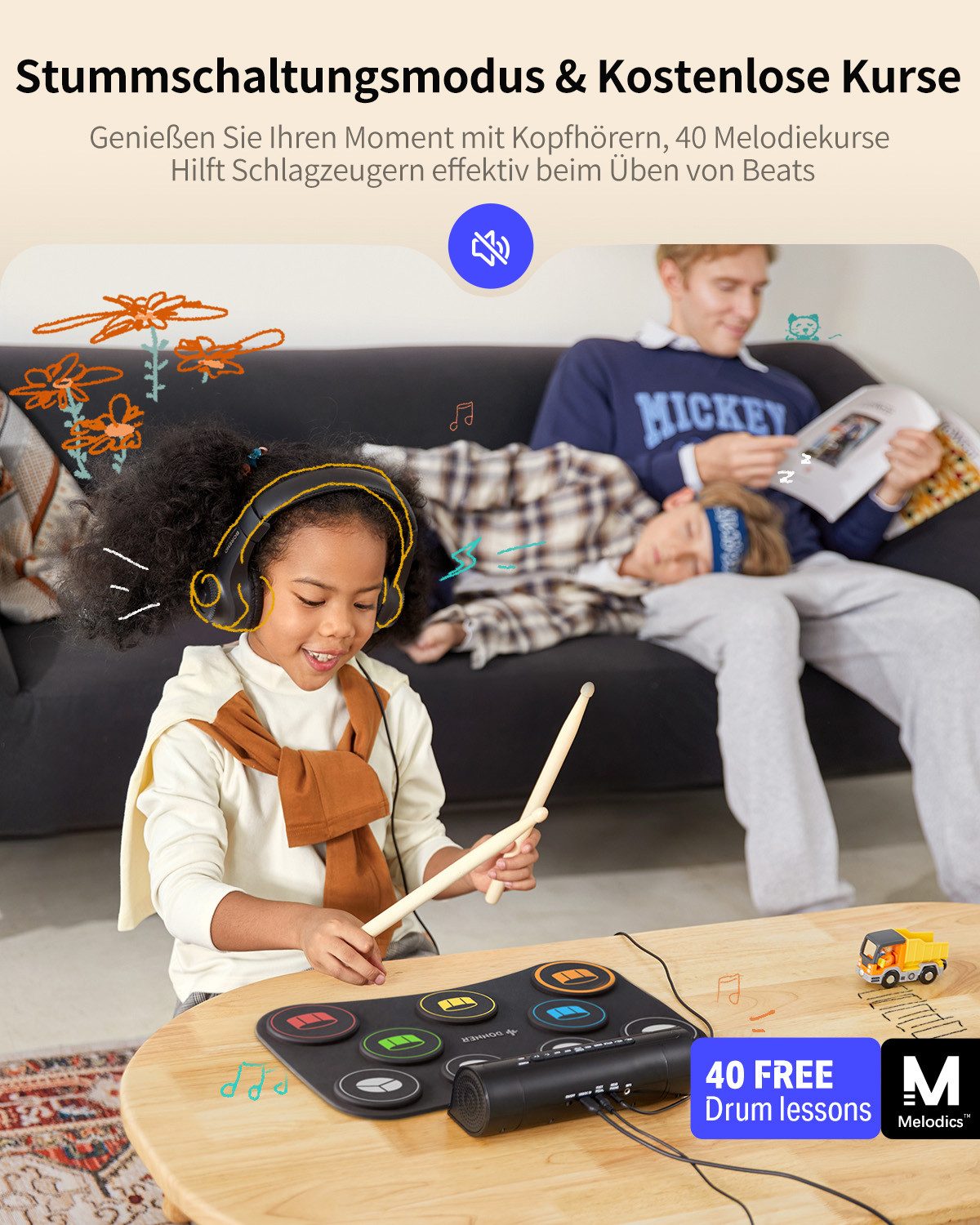 Donner E-Drum Elektrisches Drumpad Elektronisches Drumset mit 9 Pads DED-20(SE),Set, Netzteil USB-Datenkabel 3,5-mm-Audiosticks 2 Pedale, Eingebauter Lautsprecher Aufrollbares,unterstützt Kopfhöreranschluss