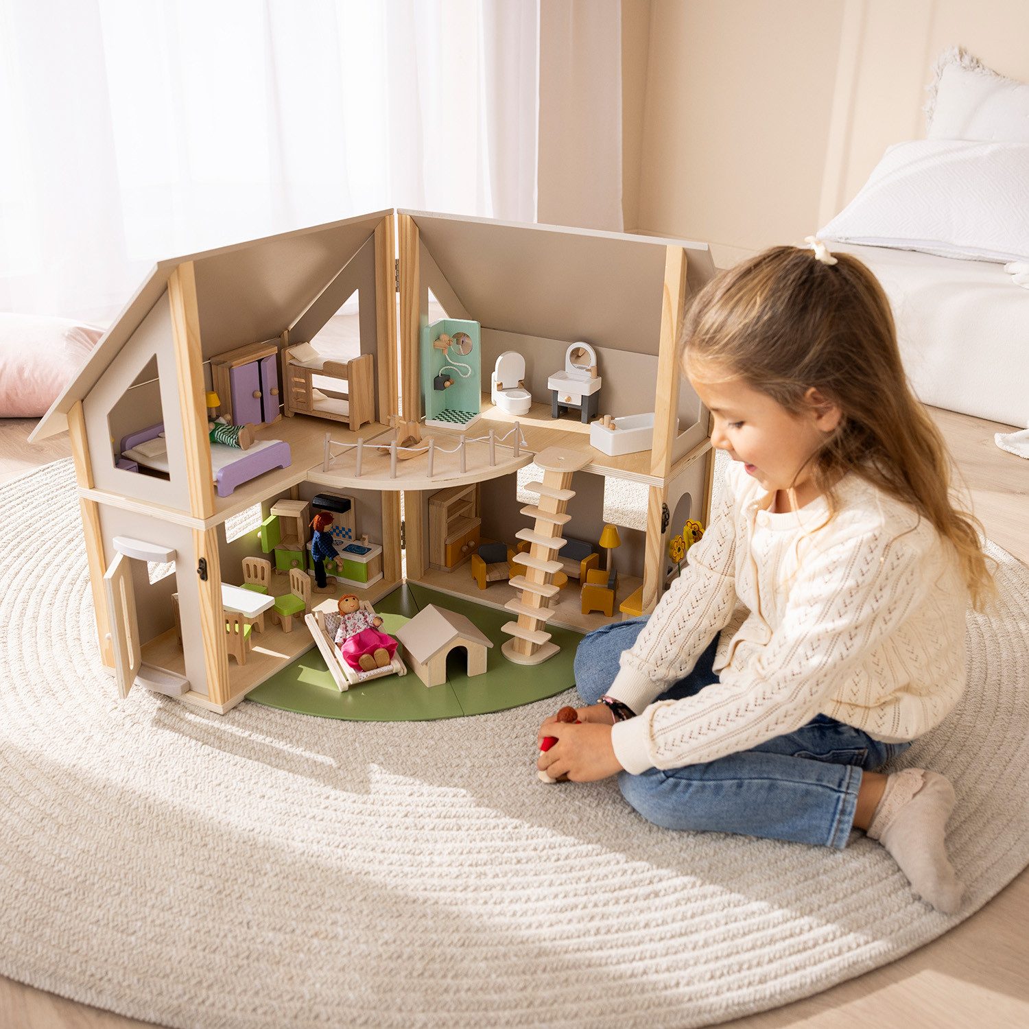 howa Puppenhaus, aus Holz klappbar inkl. 30tlg. Möbelset, 4 Puppen und Hund