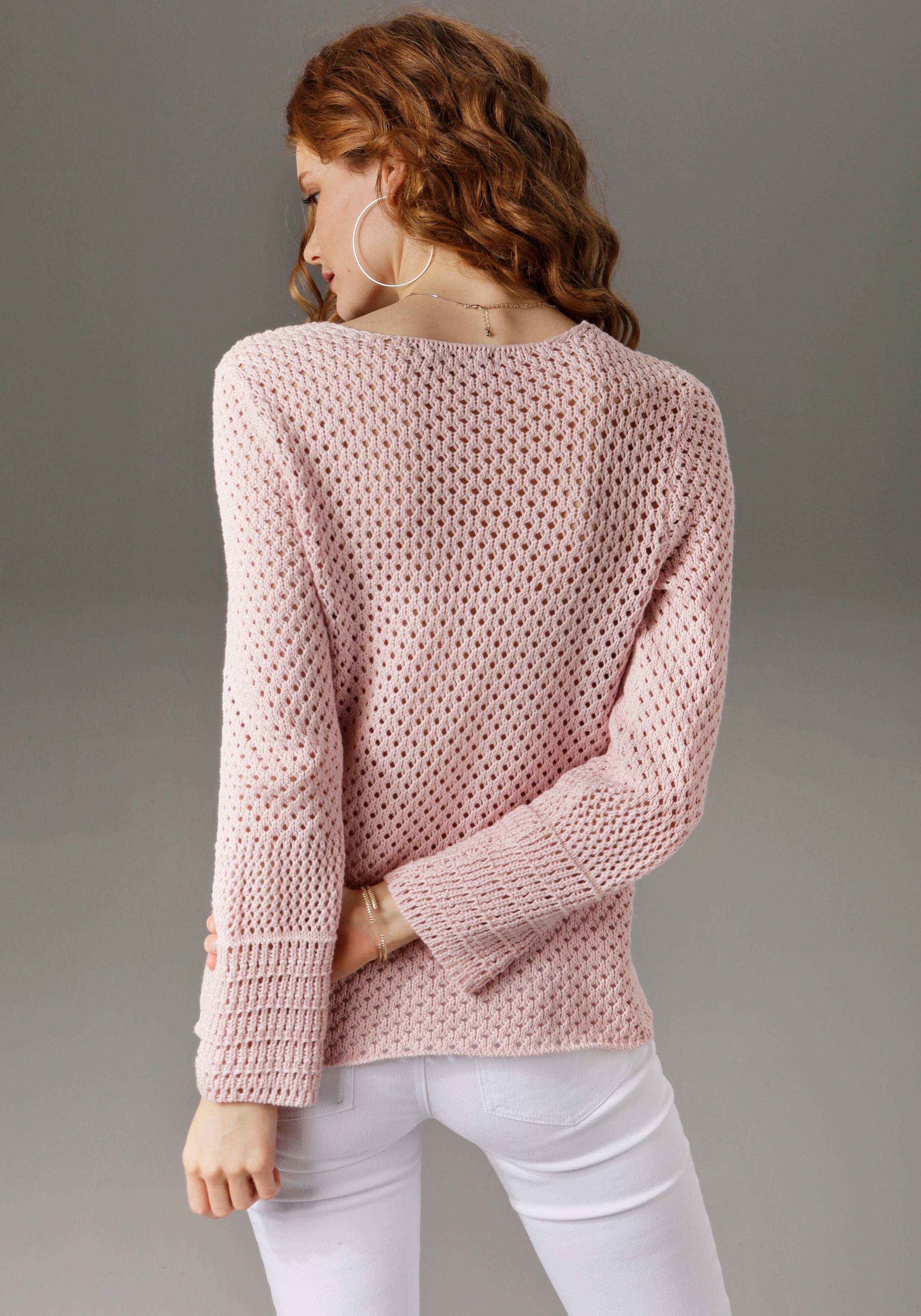 trendig Aniston CASUAL mit Ajour-Mustern rosé Rundhalspullover gemixten