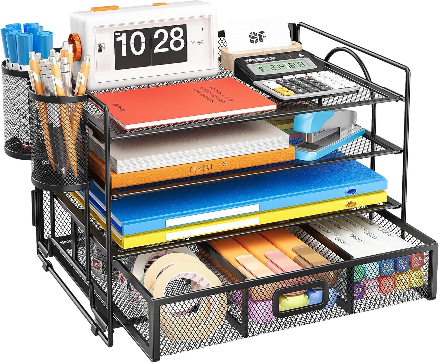 SURFOU Organizer Schreibtisch Organizer ZubehörStiftehalter Bürobedarf Briefablage (Drahtgitter-Schreibtischorganisator für Zuhause, Bürobedarf, Schwarz Papier- und Briefablage-Organizer, 1 St., 4-stöckig mit 1Schublade 2 Stifthalter Schwarz), Platzsparend und einfach zu installieren