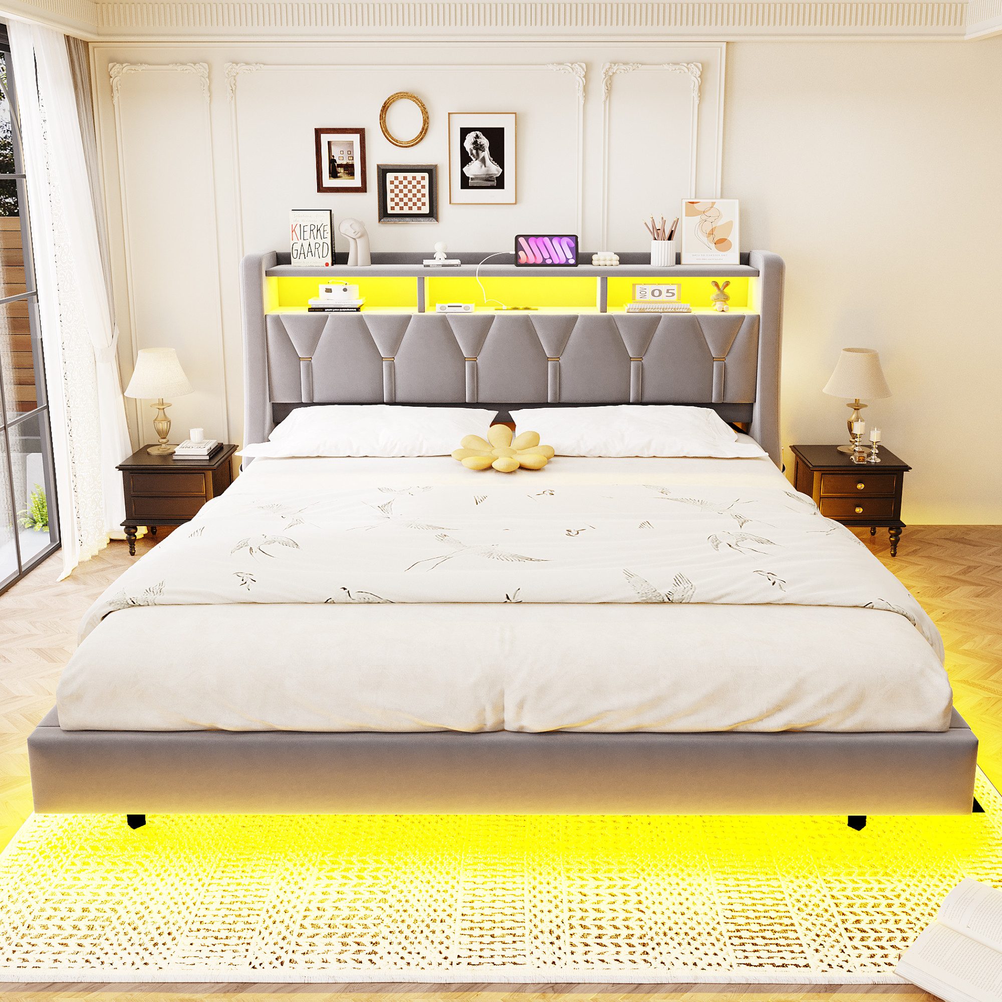 Celya Polsterbett mit LED-Beleuchtung und Steckdose (ohne Matratze, 180 x 200 cm, Umklappbares Kopfteil Mit Steckdose und Ablagefach), Gepolstertes Kopfteil, Ve – Bild 4 von 5
