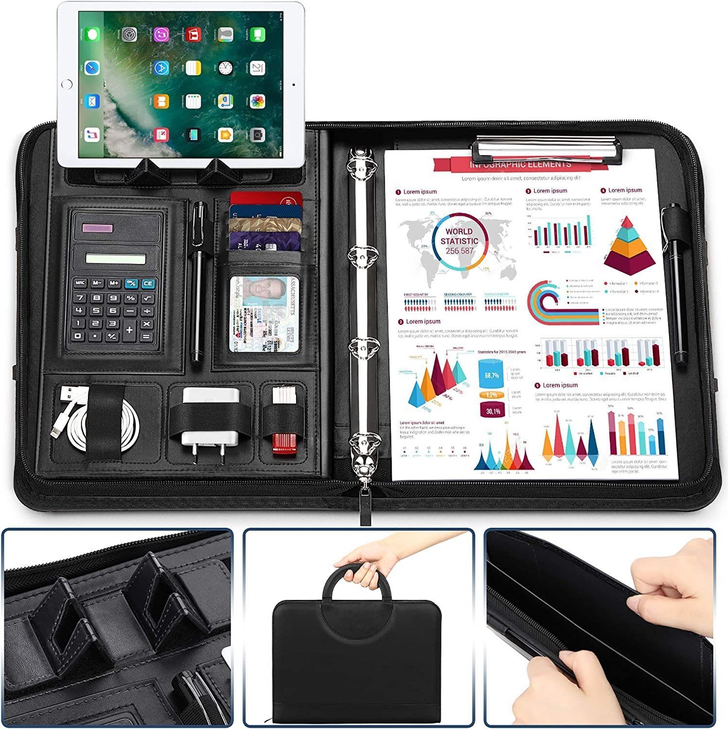 Ophy Aktentasche A4 Konferenzordner mit Reißverschluss, Magnetgriff & Telefonständer (Aktentasche für Geschäftsreisen), Meetings, Bewerbungsgespräche & Kurse