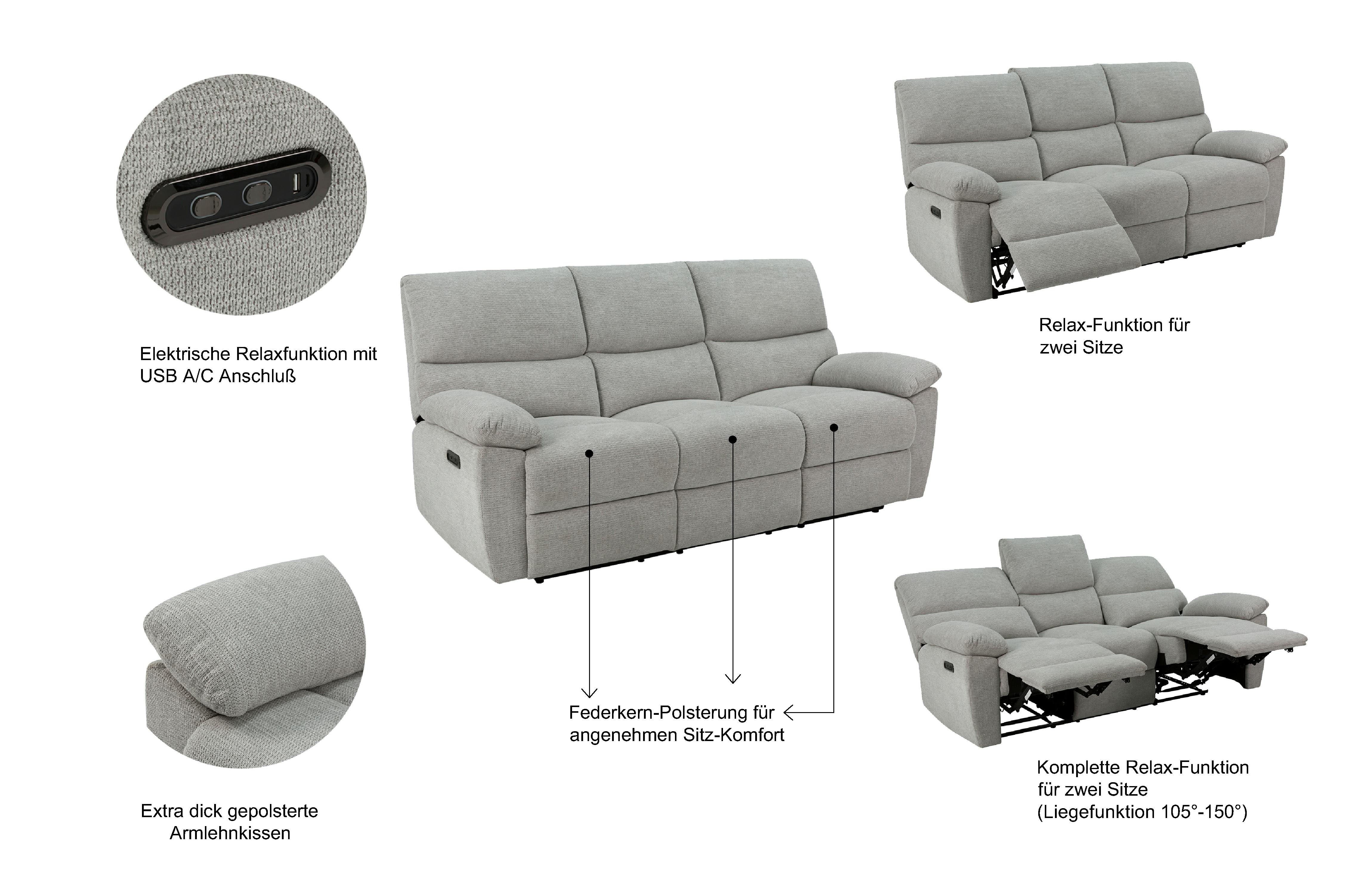 Home affaire 3-Sitzer LANNOY, manuelle o. elelektrische Relaxfunktion in 2 Sitzen, USB A/C, Liegefunktion (105°-150), Reclinersofa, Webstoff, Federkern