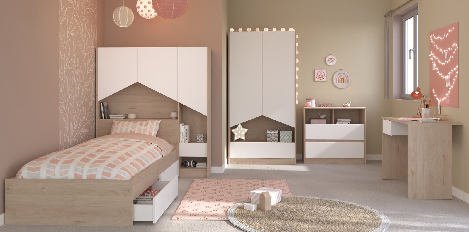 Parisot Jugendzimmer-Set Shelter, und viel Komplett-Set weiß Eiche, (Kinderzimmer Stauraum in 7-teilig), mit