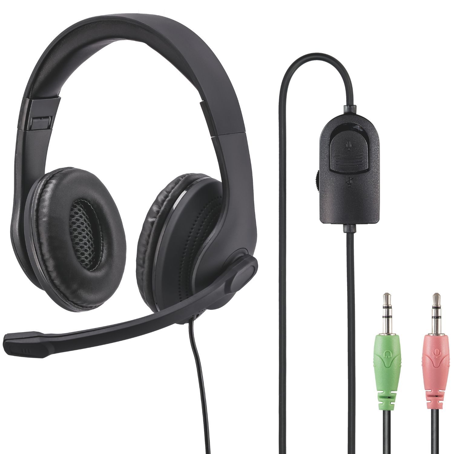 Hama Office Over-Ear Headset 2x 3,5mm Stereo Schwarz PC-Headset (Mikrofon, PC Büro Kophörer Mikrofon Mikro Kopfbügel 2m Kabel Fernbedienung)