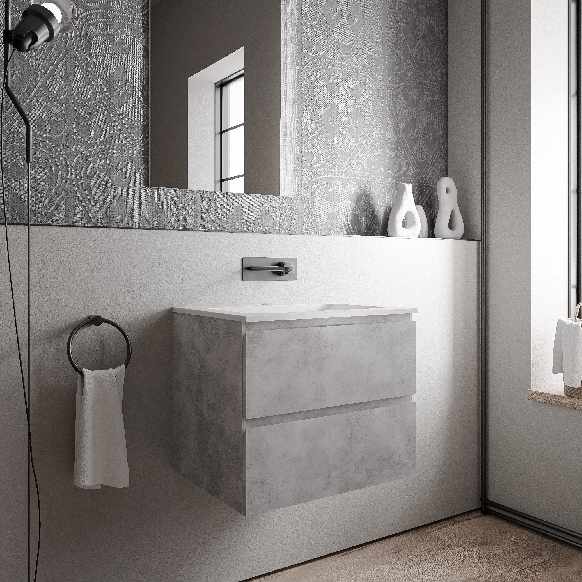 Bernstein Waschbeckenunterschrank AVA Beton 60cm Waschbecken Weiß matt ohne Hahnloch Waschtischunterschrank mit Mineralguss-Waschbecken 2 Schubladen