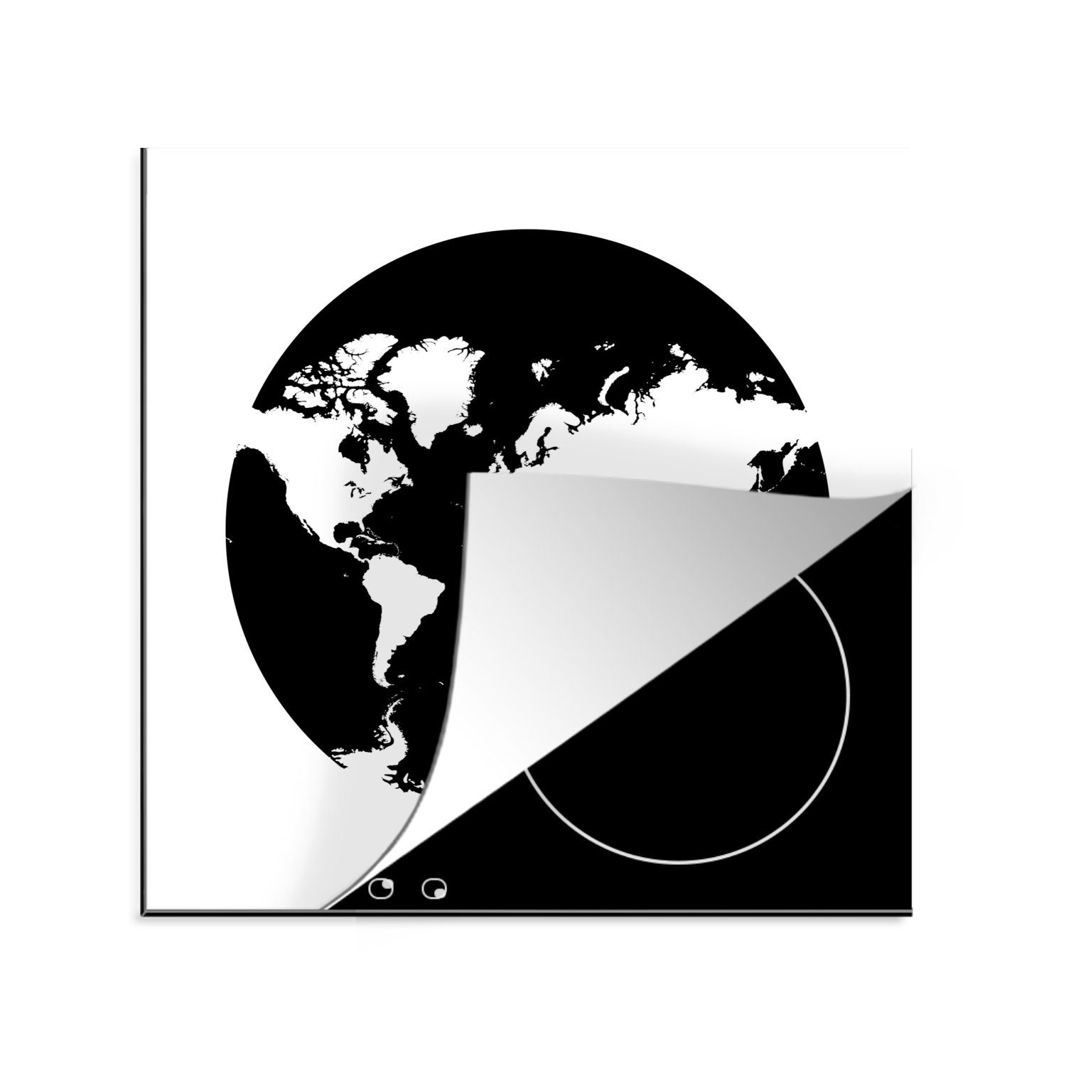 MuchoWow Herdblende-/Abdeckplatte Weltkarte - Kreis - Schwarz und weiß, Vinyl, (1 tlg), 78x78 cm, Ceranfeldabdeckung, Arbeitsplatte für küche | Herdabdeckplatten