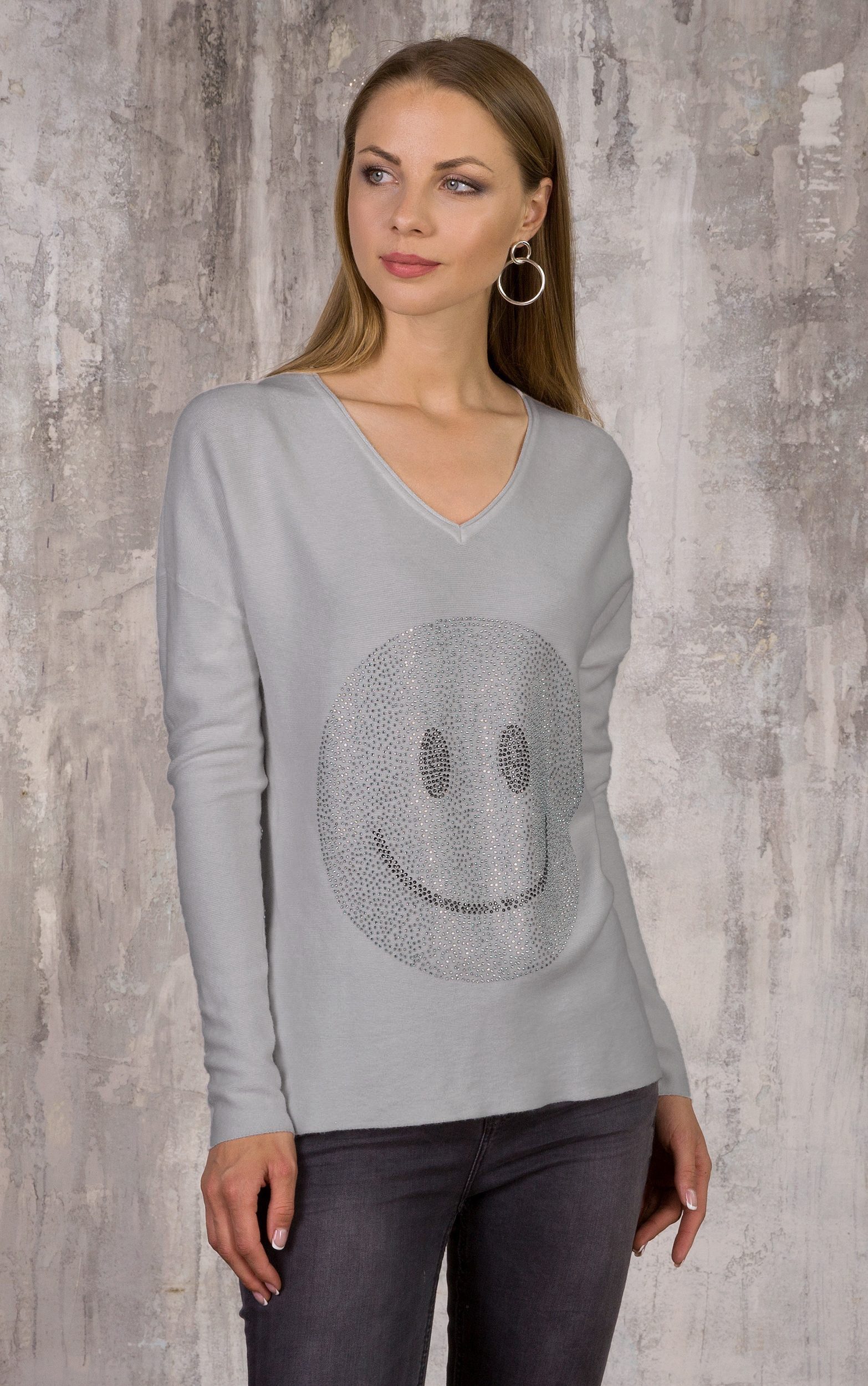 Passioni Strickpullover mit einem großen Strass-Smiley auf der Vorderseite günstig online kaufen