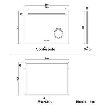 duschspa Badspiegel 80-140cm Kaltweiß, Uhr, Touch, Beschlagfrei energiesparend, 3x Vergrößerung LED Schminkspiegel