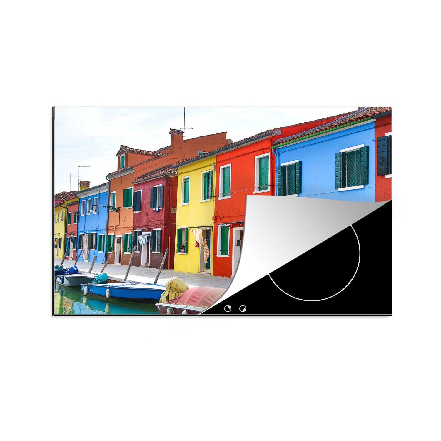 MuchoWow Herdblende-/Abdeckplatte Bunte Häuser am Wasser auf der Insel Burano in Italien, Vinyl, (1 tlg), 81x52 cm, Induktionskochfeld Schutz für die küche, Ceranfeldabdeckung