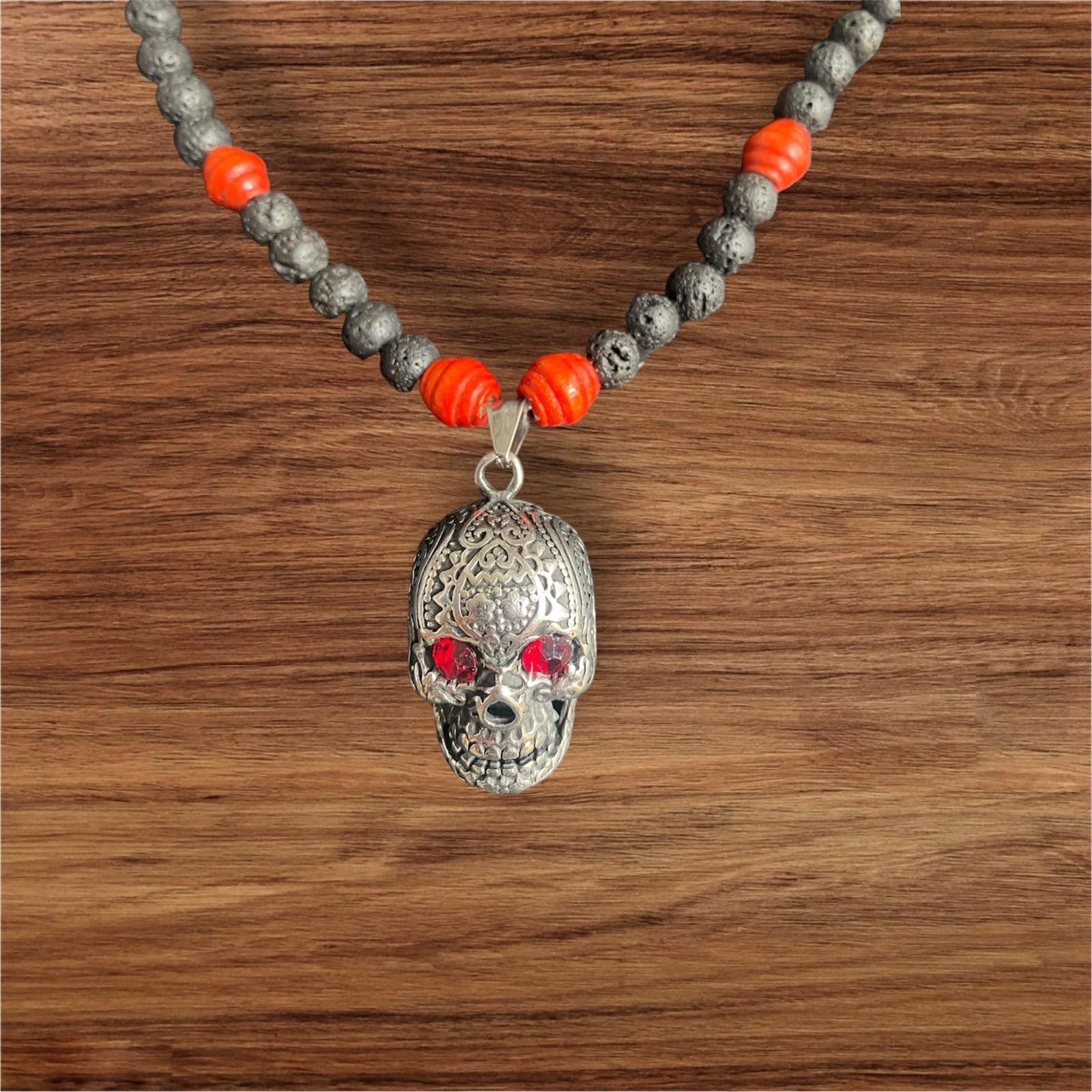 Aaron Bane Perlenkette Lava Edelstein Holz Perlenkette mit Totenkopfanhänger Hand Made (1-tlg)