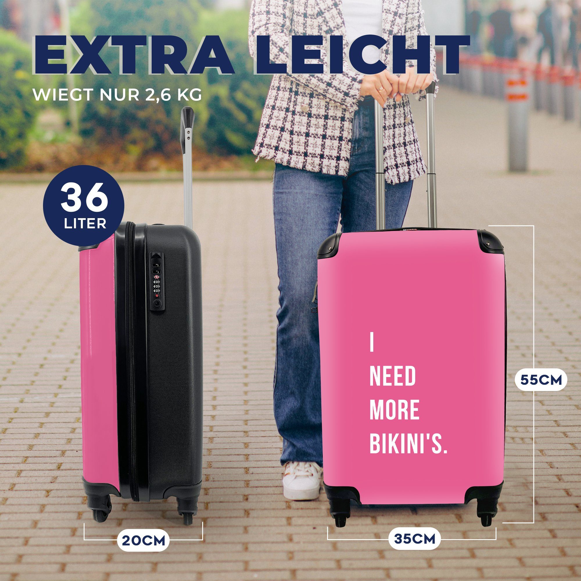 mehr 4 brauche Reisetasche Pink Ferien, - Handgepäck Ich Bikinis, Trolley, Zitat mit rollen, Rollen, Handgepäckkoffer - MuchoWow Reisekoffer für