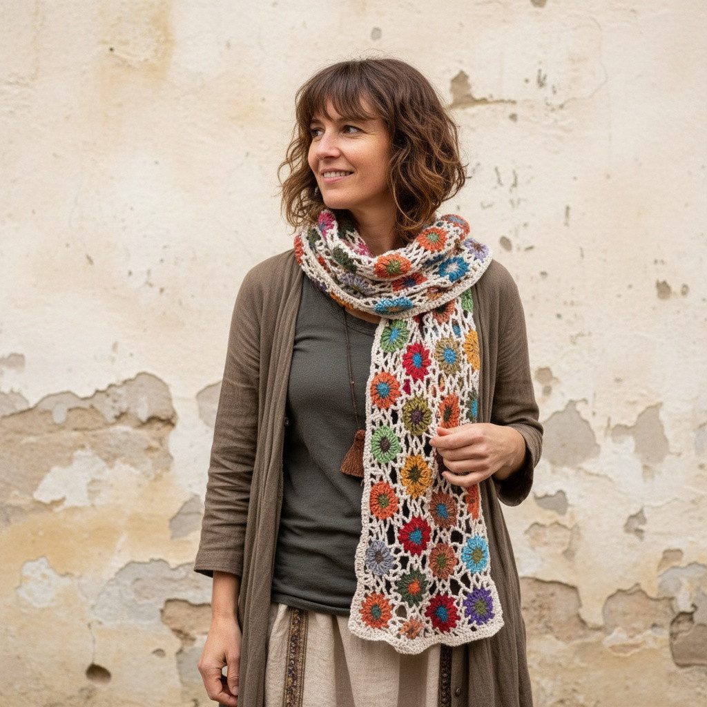 Guru-Shop Halstuch Häkelschal mit bunten Blümchen, Boho Schal - weiß, Festival, Ethno Style, alternative Bekleidung
