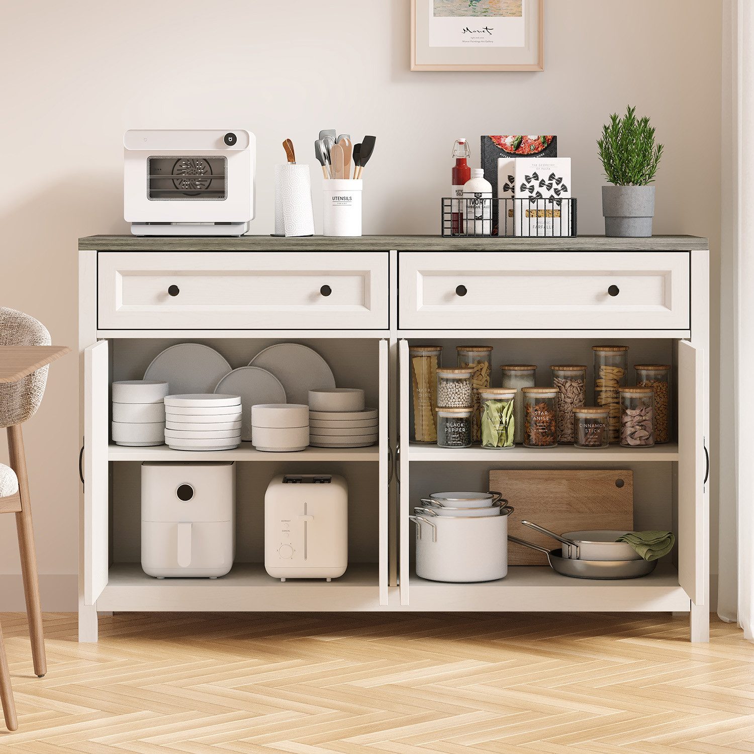 Bealife Sideboard Küchenschrank mit Arbeitsplatten,mit 2 Schubladen 4 Türen,Weiß