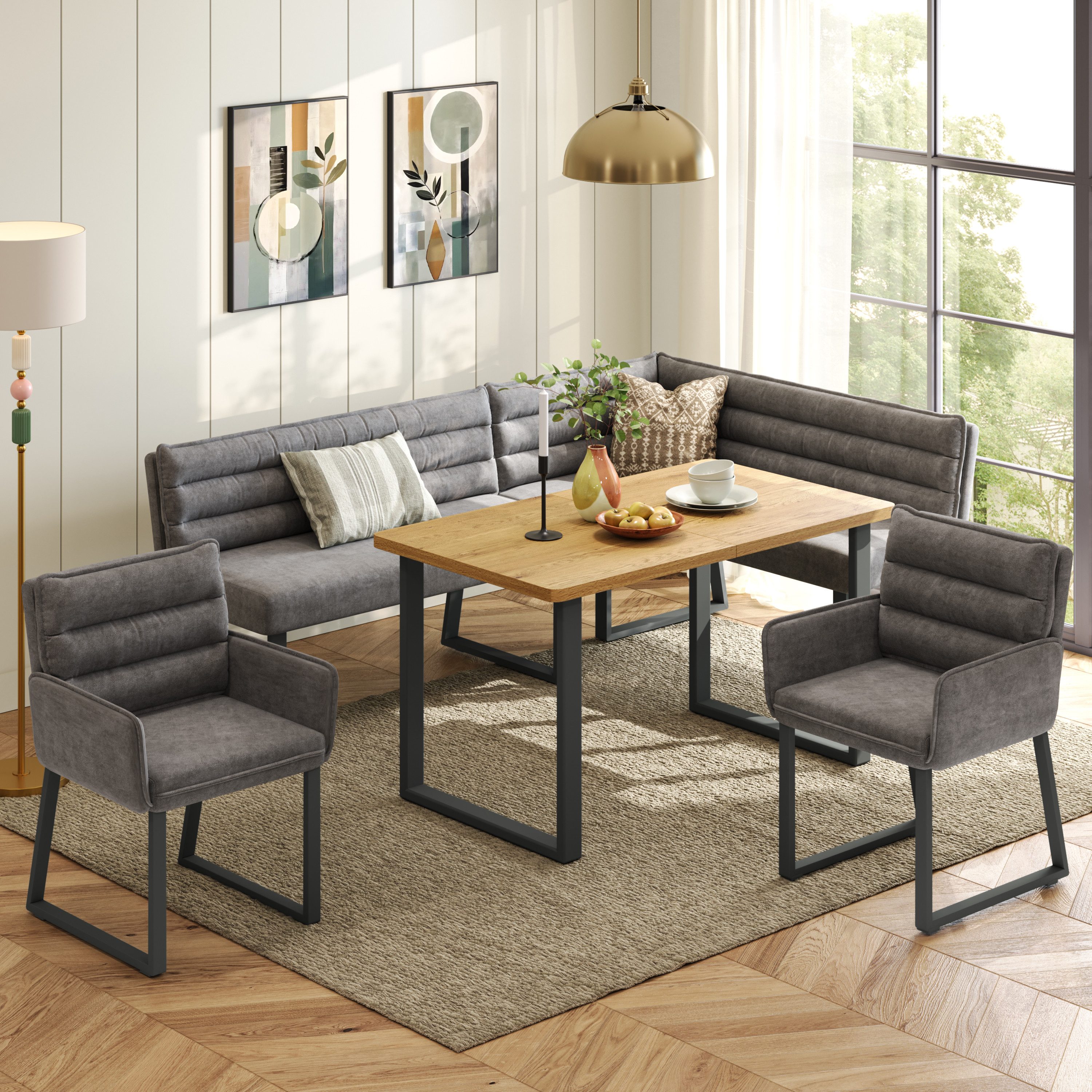 MODFU Eckbankgruppe 4-teilige Eckbankgruppe in Grau & Holzoptik mit Eckbank 140x80 cm, (Set, 4-tlg., Mit Polsterbezug aus Chenille, pflegeleicht), Ideal für Familienessen & gesellige Runden