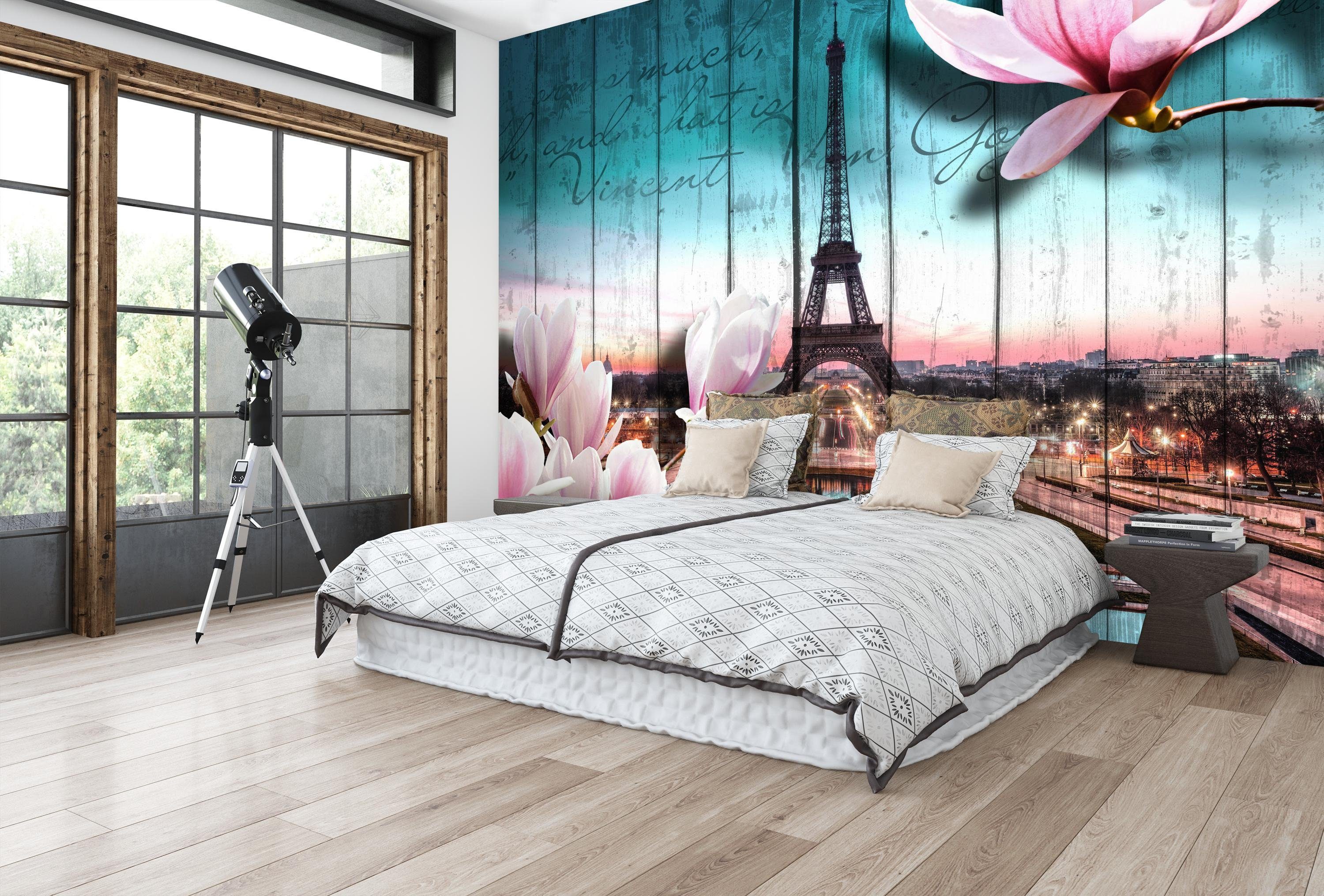 Fototapete wandmotiv24 Paris Eiffelturm, Vliestapete Motivtapete, matt, glatt, Blüten Wandtapete, Holz