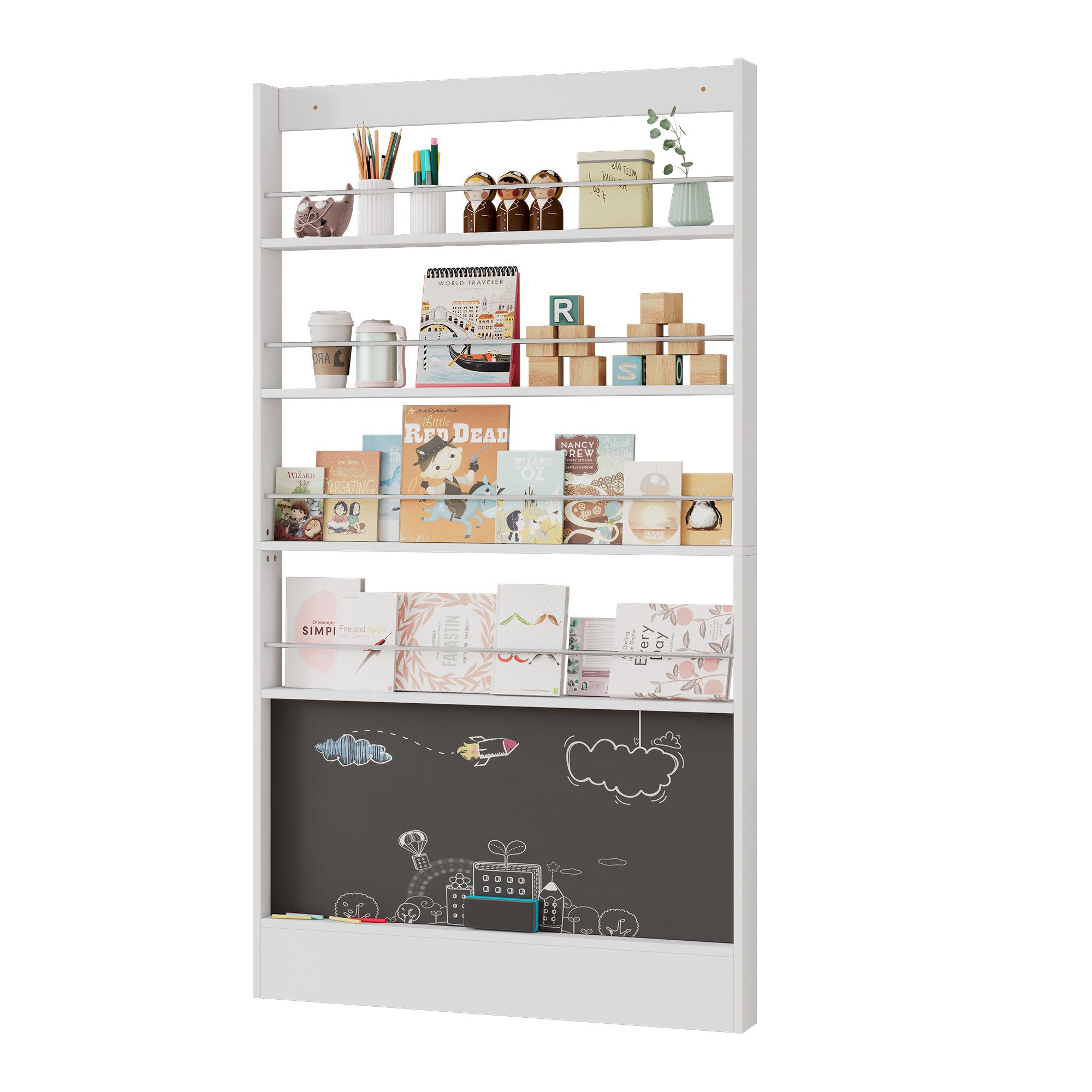 muvano Bücherregal Kinder Bilderbücherregal & Schreibtafel 4-stöfiges Aufbewahrungsregal, ultraflach 10 cm, Kippschutz, hinter der Tür, 100x10x180 cm