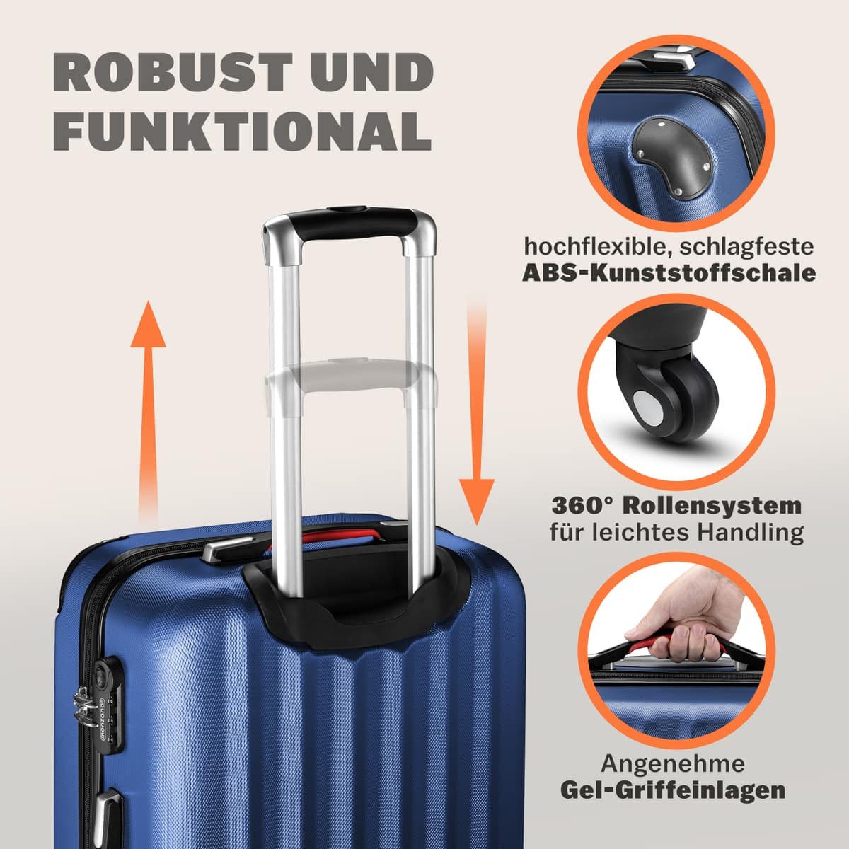 monzana Hartschalen-Trolley, 4 Rollen Rollen, Rollkoffer Zahlenschloss Reisekoffer Hartschalenkoffer Trolley Blau L