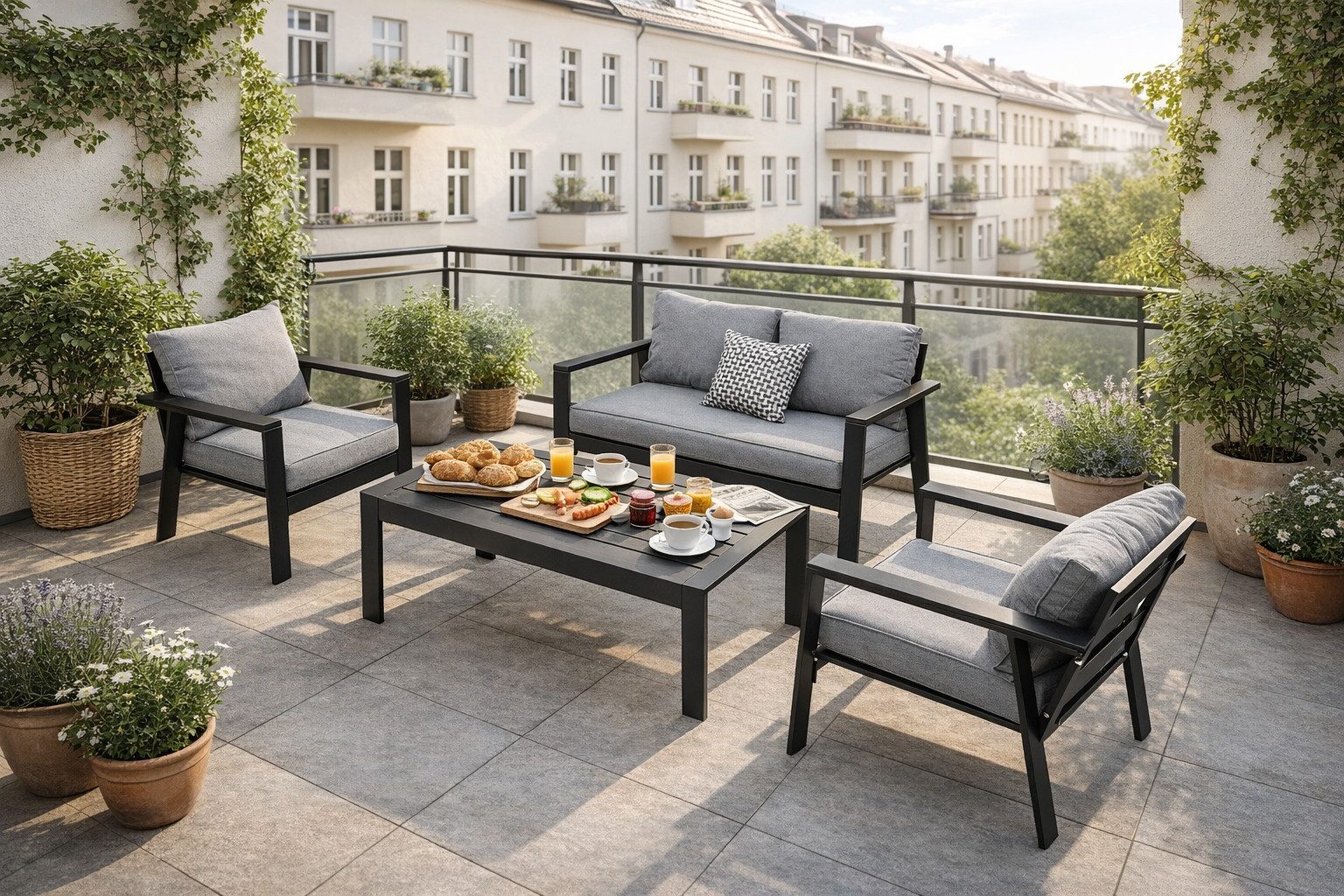 MeXo Gartenlounge-Set Gartenmöbel Set Aluminium Loungeset für Terrasse Balkon, (Balkonset 4 Personen, 4-tlg., 1×2-Sitzer Sofa, 2×Einzelsessel, 1×Couchtisch, 7×Auflagen), wetterfest Sitzgruppe Essgruppe Gartengarnitur