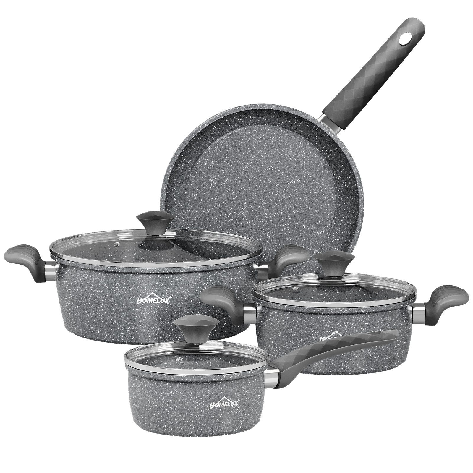 HOMELUX Topf-Set 7/10 Tlg Induktions Töpfe Set Antihaftbeschichtung Für Alle Herde, Marmor-Antihaftbeschichtung (Set, 7-tlg., 2 Pfannen+3 Kochtöpfe+1 Kasserolle), Kochtopf-Set im modernen Design mit Soft Silikon-Griff