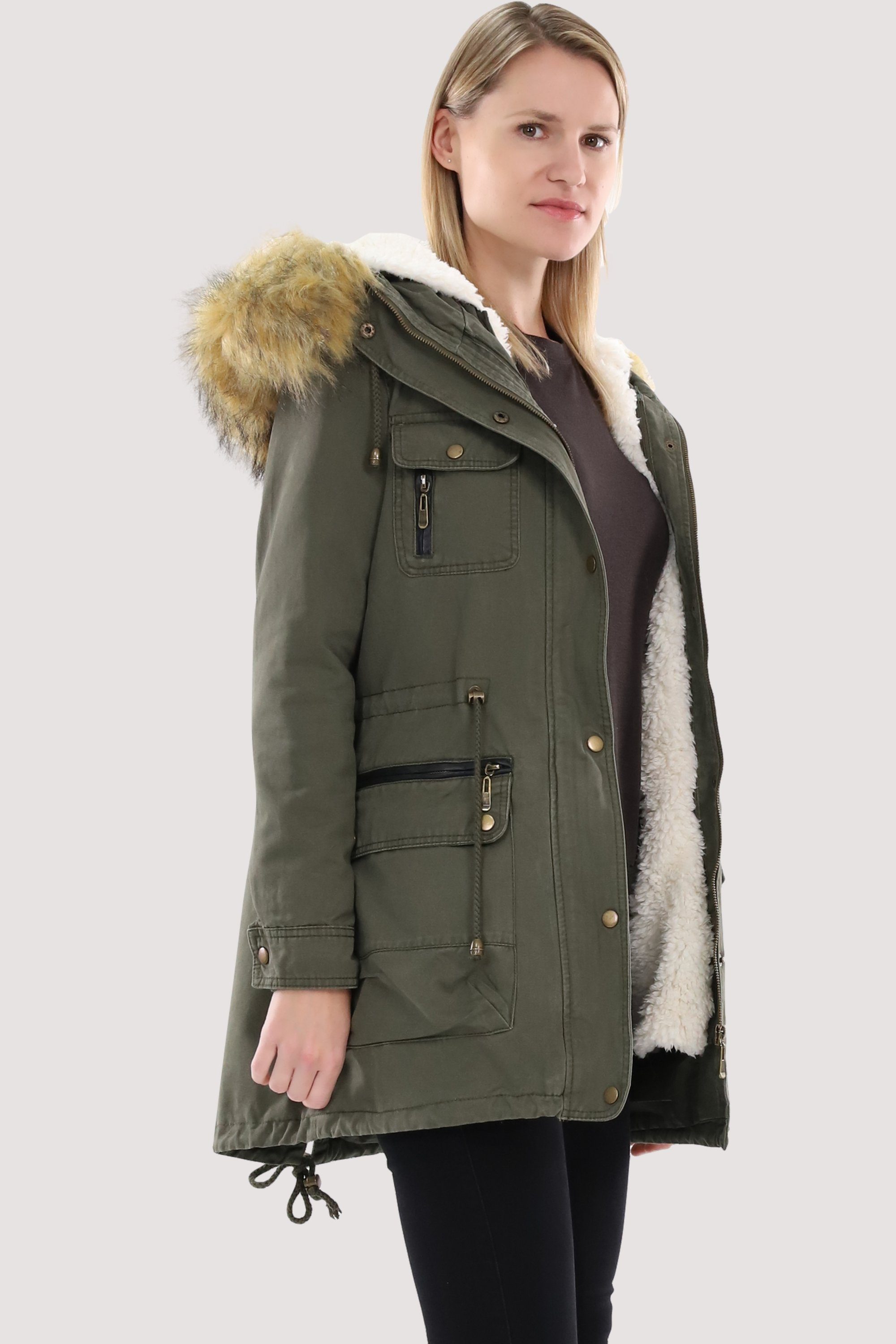 malito more Parka than oliv-81100 81109 Teddyfell fashion Kapuze gefütterte Kunstfell und Winterjacke mit