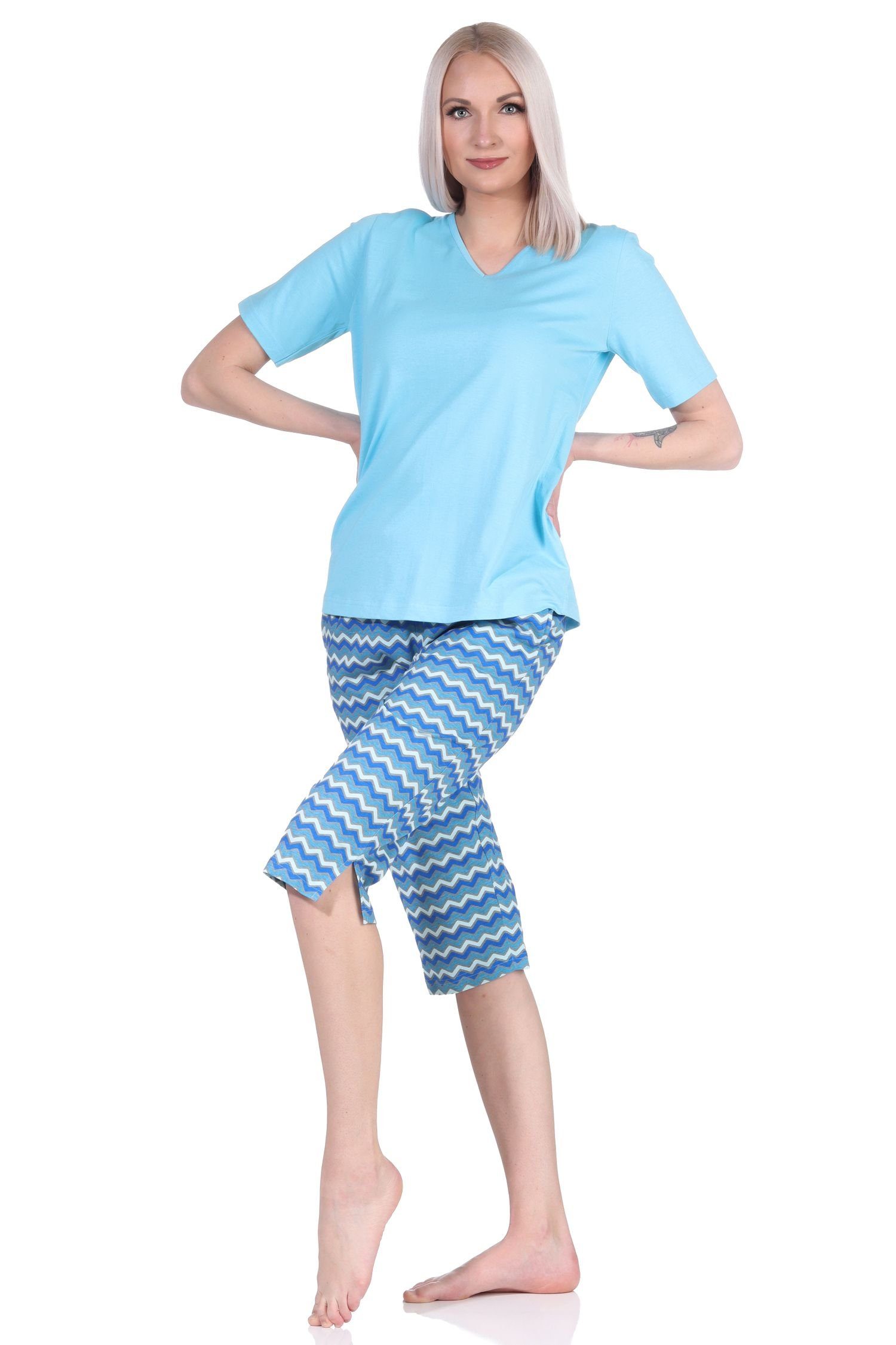 Normann Pyjama Damen Capri Pyjama Schlafanzug Ethno-Style blau 3/4 im Shorts, mit Capri