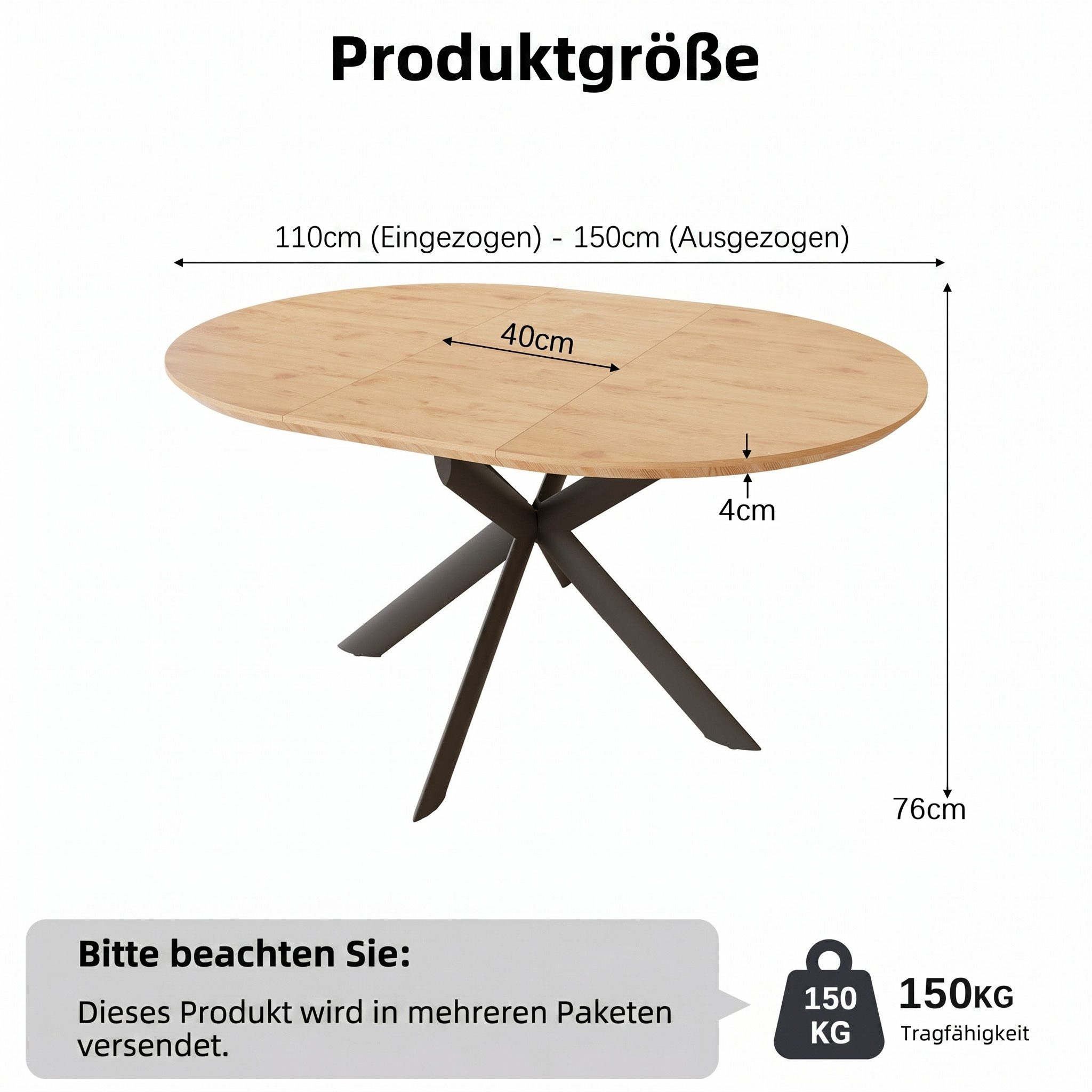 Jiexi Esstisch Esstisch ausziehbar rund bis oval MDF-Platte mit X-Metallgestell