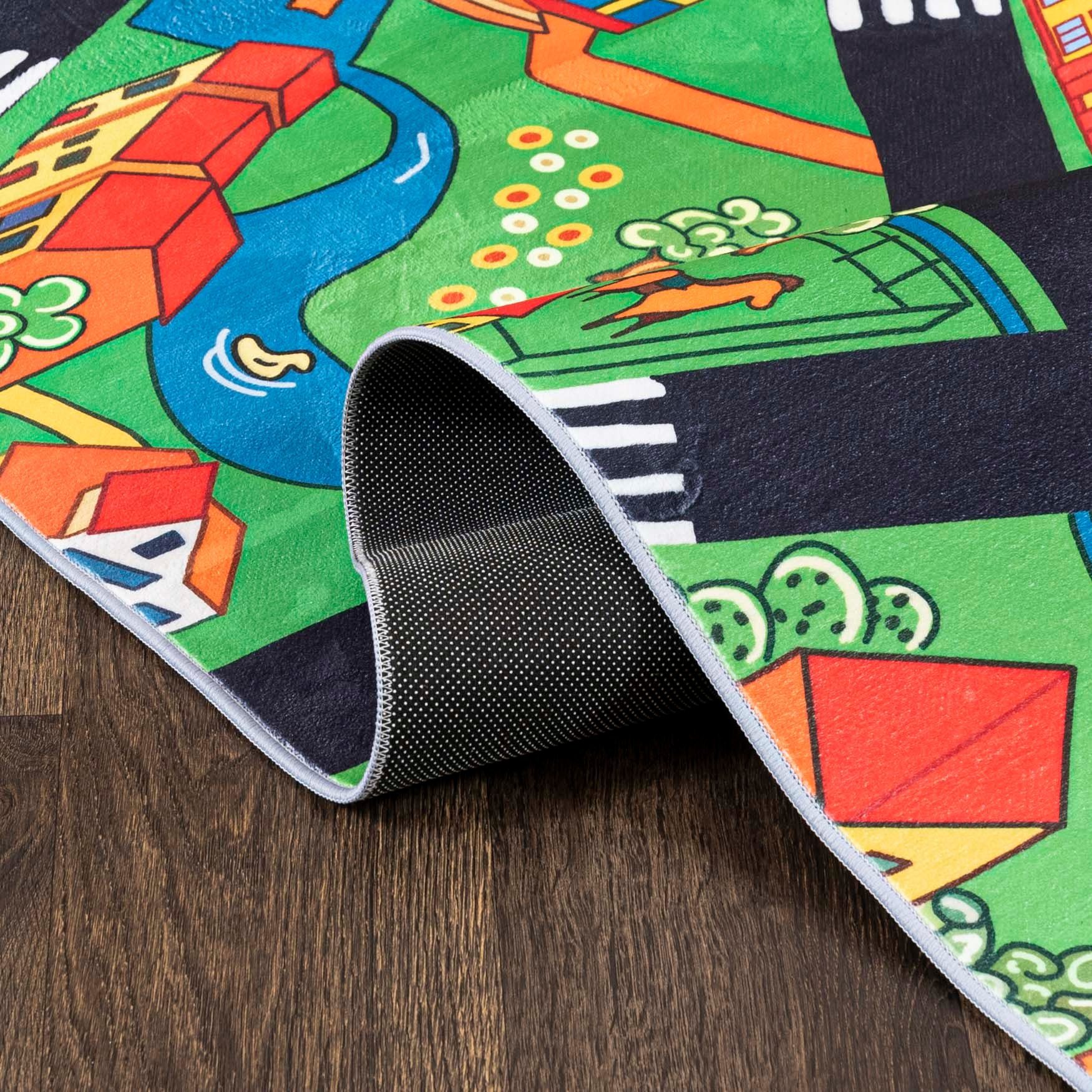 Mazovia Kinderteppich Kinderteppich Spiel Teppich Kinderzimmerteppich Straße Grün, 80 x 150 cm, Fußbodenheizung, Allergiker geeignet, Rutschfest
