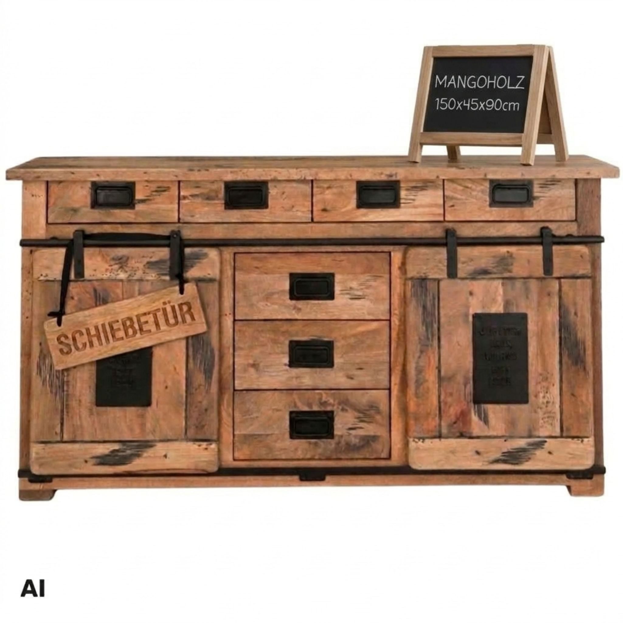 MR.DEKO Kommode Florenz Holzkommode 150 x 45 x 90 cm, viel Stauraum, Mangoholz (Kommode 150 cm breit, passende Möbel erhältlich), 7 Schubladen, 2 Schiebetür, Vintage mit Metallrahmen