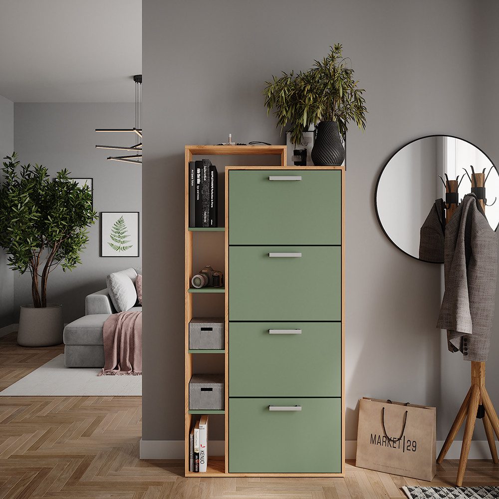 Vicco Schuhkipper Orlando, Goldkraft Eiche/Grün, 80 x 166.1 cm mit 4 Fächern