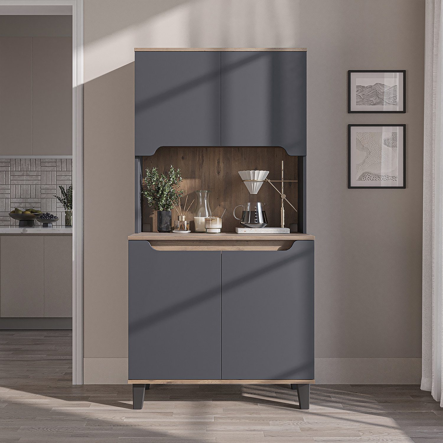 Roomart Küchenbuffet DEFNE mit Nische Kaffeebar Mikrowellenschrank Vorratsschrank, 5 Farben Offene Nische für Kaffeemaschine, 4 Türfächer – Bild 3 von 5