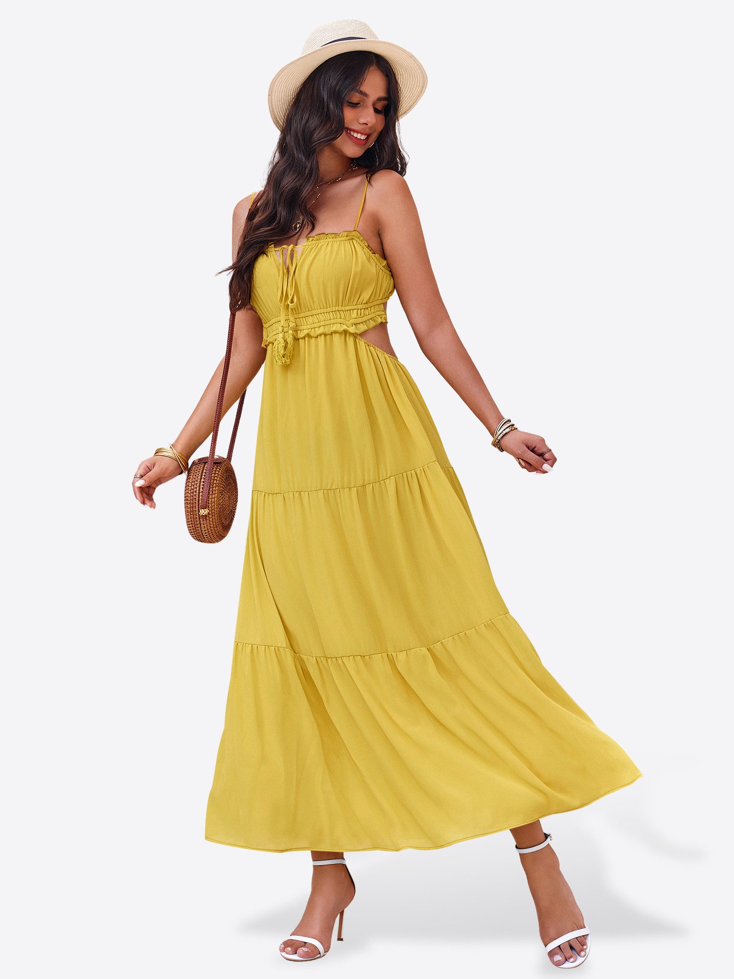 Imily Bela Maxikleid Damen Strand mit Rüschen Bänder ärmellos Boho Sommer Urlaub (Packung, 1-tlg., 1per-Pack) in Unifarbe – Bild 3 von 5