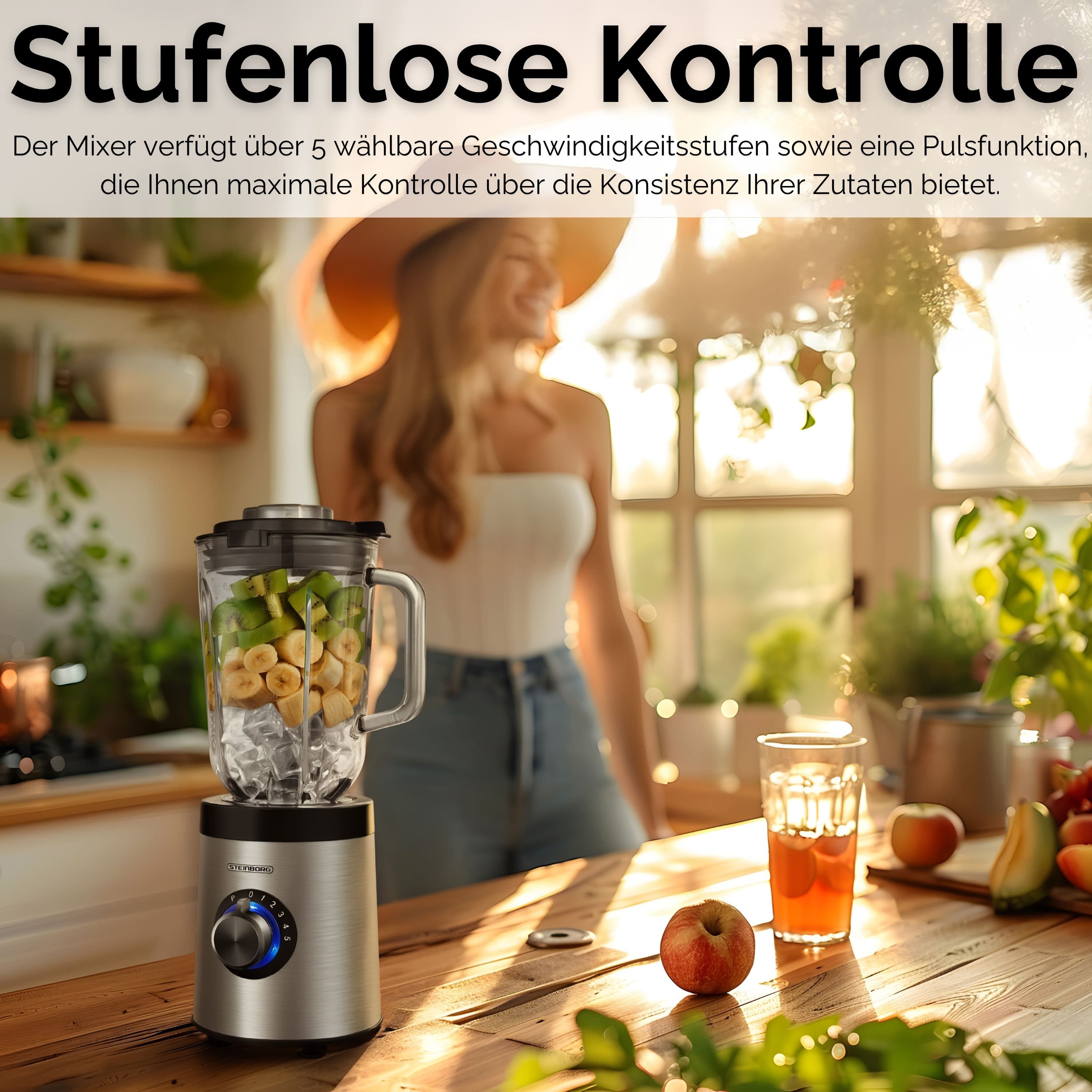 STEINBORG Standmixer SB-7020, 800 W, BPA-Frei,1.5L Glaskrug,6-Fach Messer,5 Geschwindigkeiten,Pulsfunktion