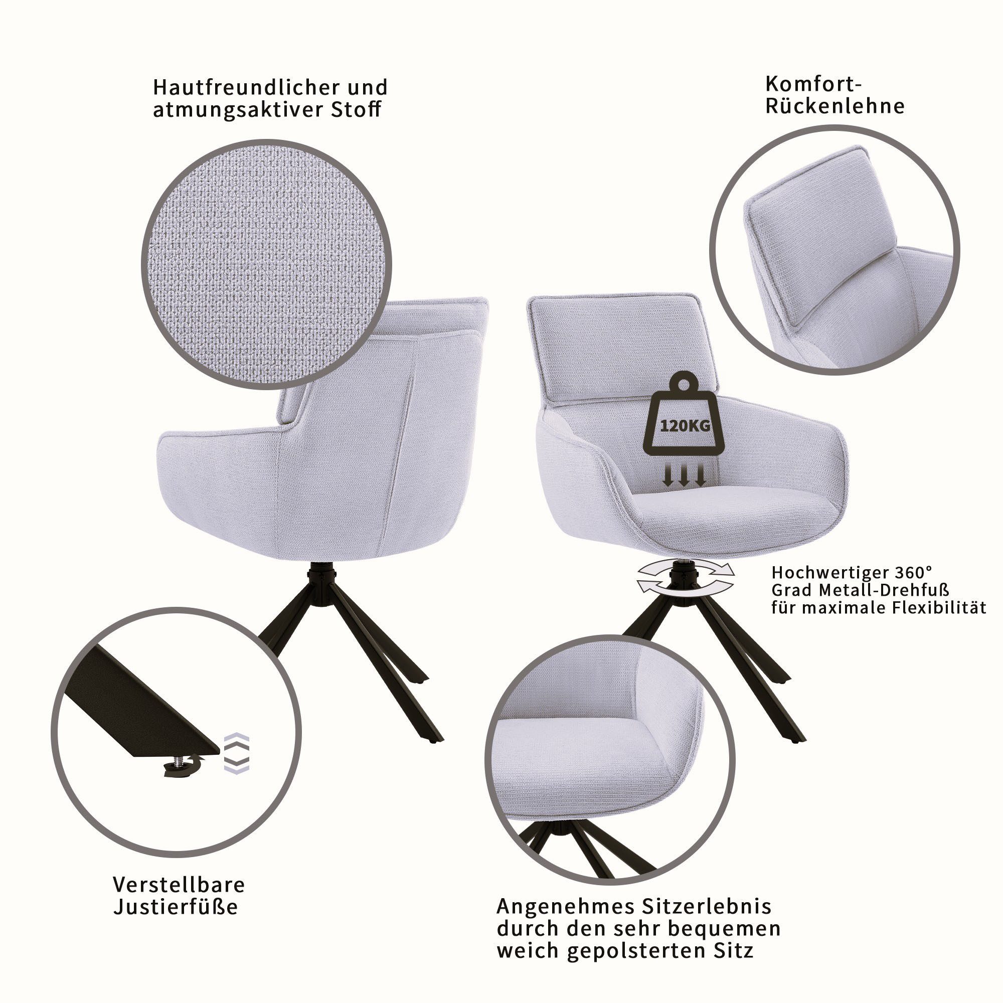 OTTO home Esszimmerstuhl Cusey, 360° drehbar, extra dicke Polsterung, 2er-Set (Set, 2 St), mit 360° Metallfuß, Komfort-Rückenlehne und hautfreundlichem Webstoff