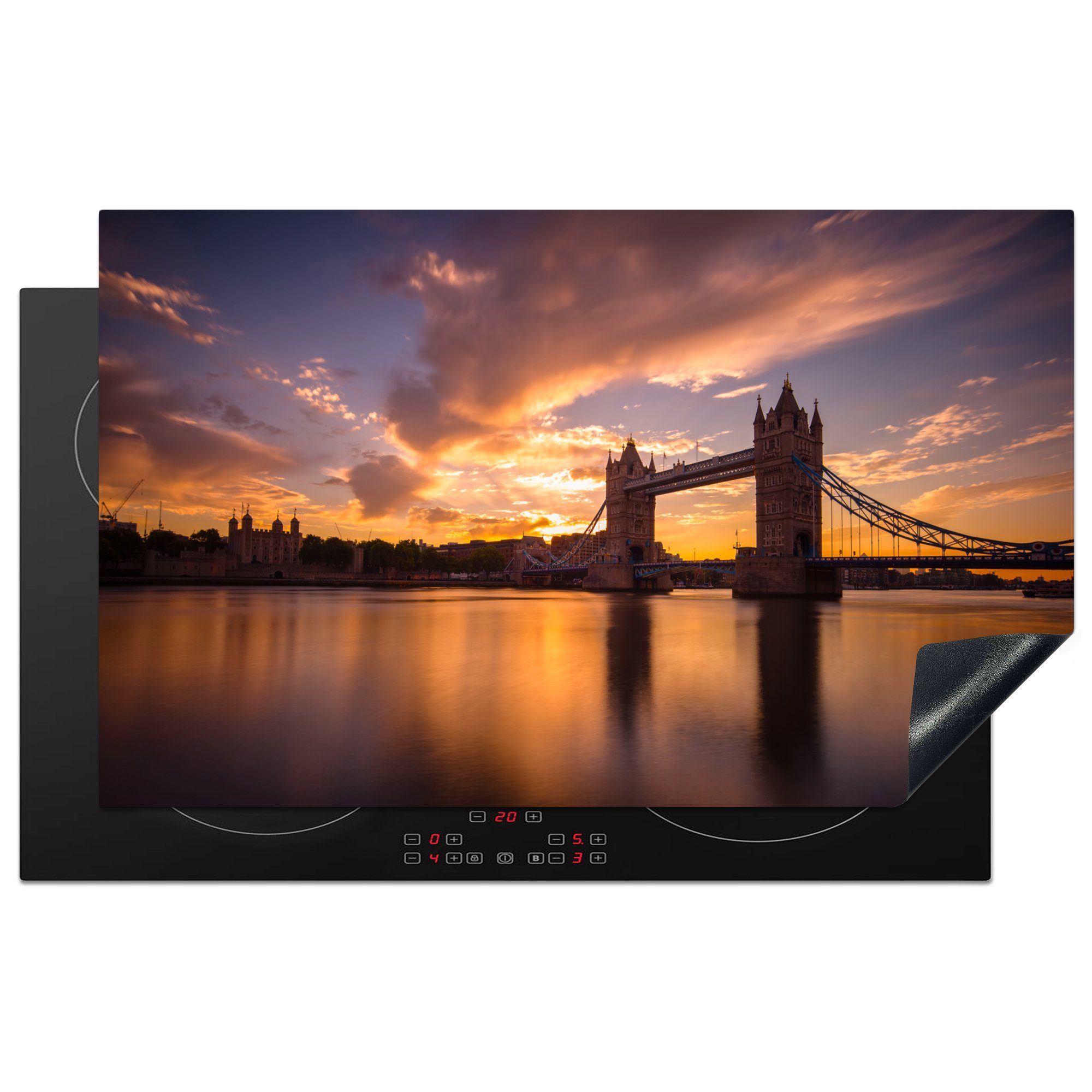 MuchoWow Herdblende-/Abdeckplatte Bunte Bridge der London, in cm, Vinyl, 83x51 küche Ceranfeldabdeckung, Arbeitsplatte für Tower (1 über Himmel am tlg), Farben