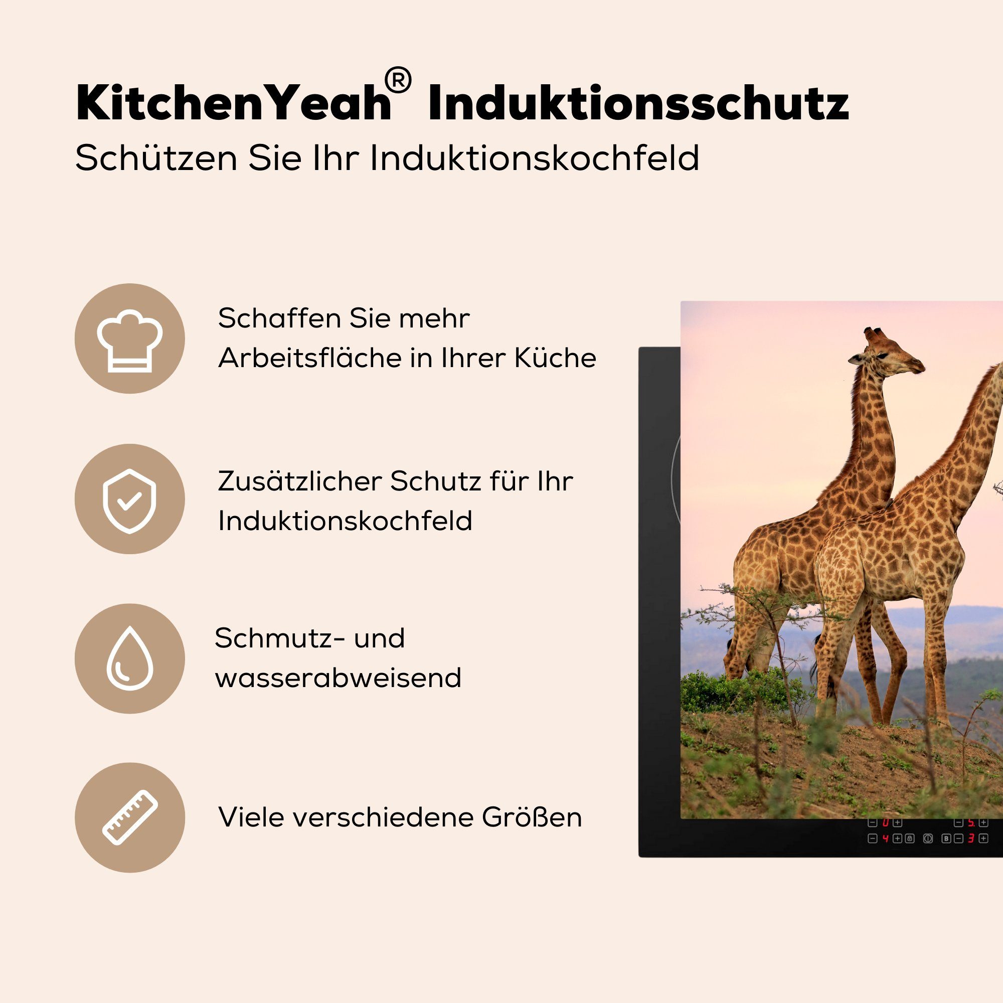 Giraffen küche Landschaft, - Vinyl, - cm, Ceranfeldabdeckung, Arbeitsplatte (1 Himmel tlg), MuchoWow für 78x78 Herdblende-/Abdeckplatte