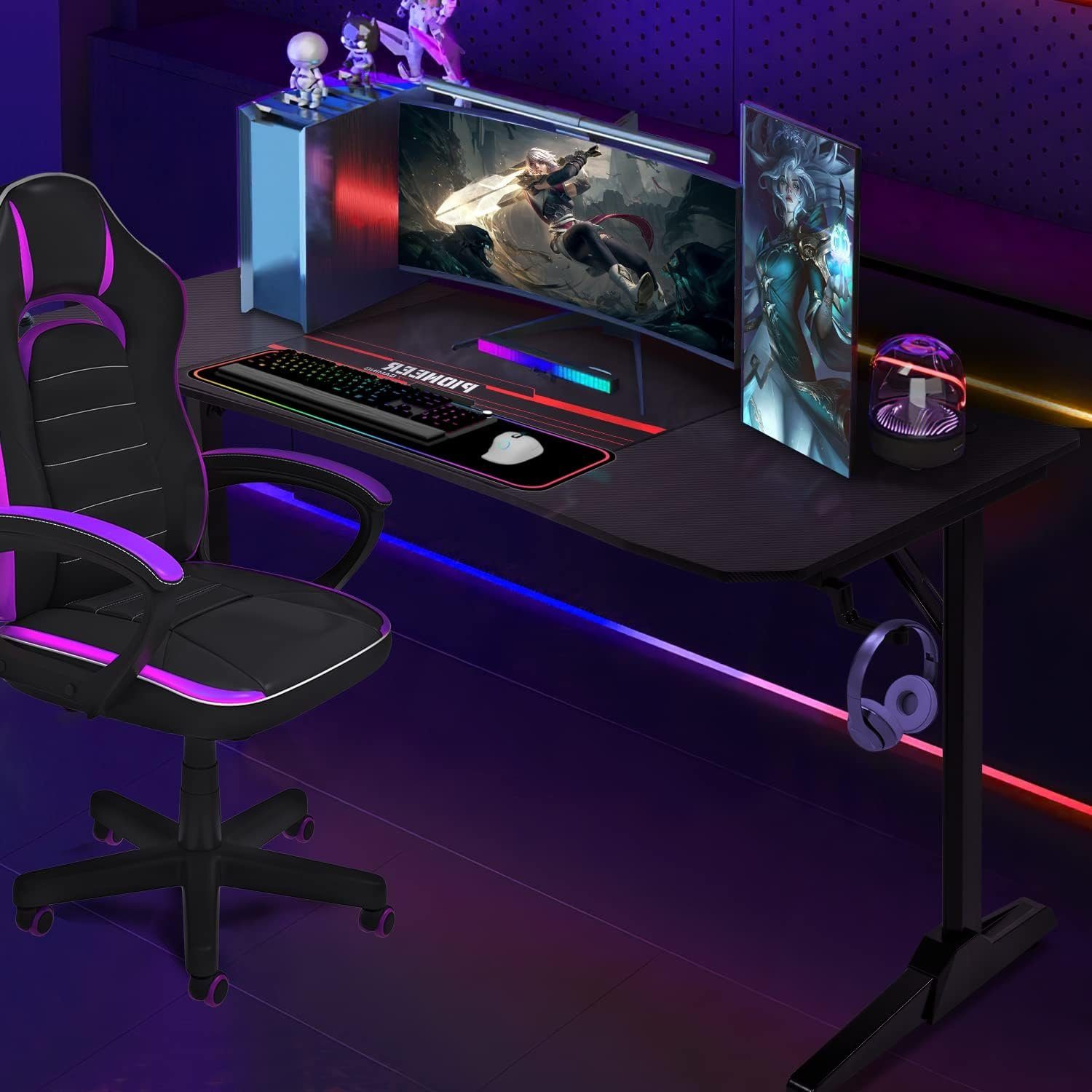 GUNJI Gamingtisch Computer Schreibtisch mit Mauspad Kopfhörerhalter Becherhalter, und