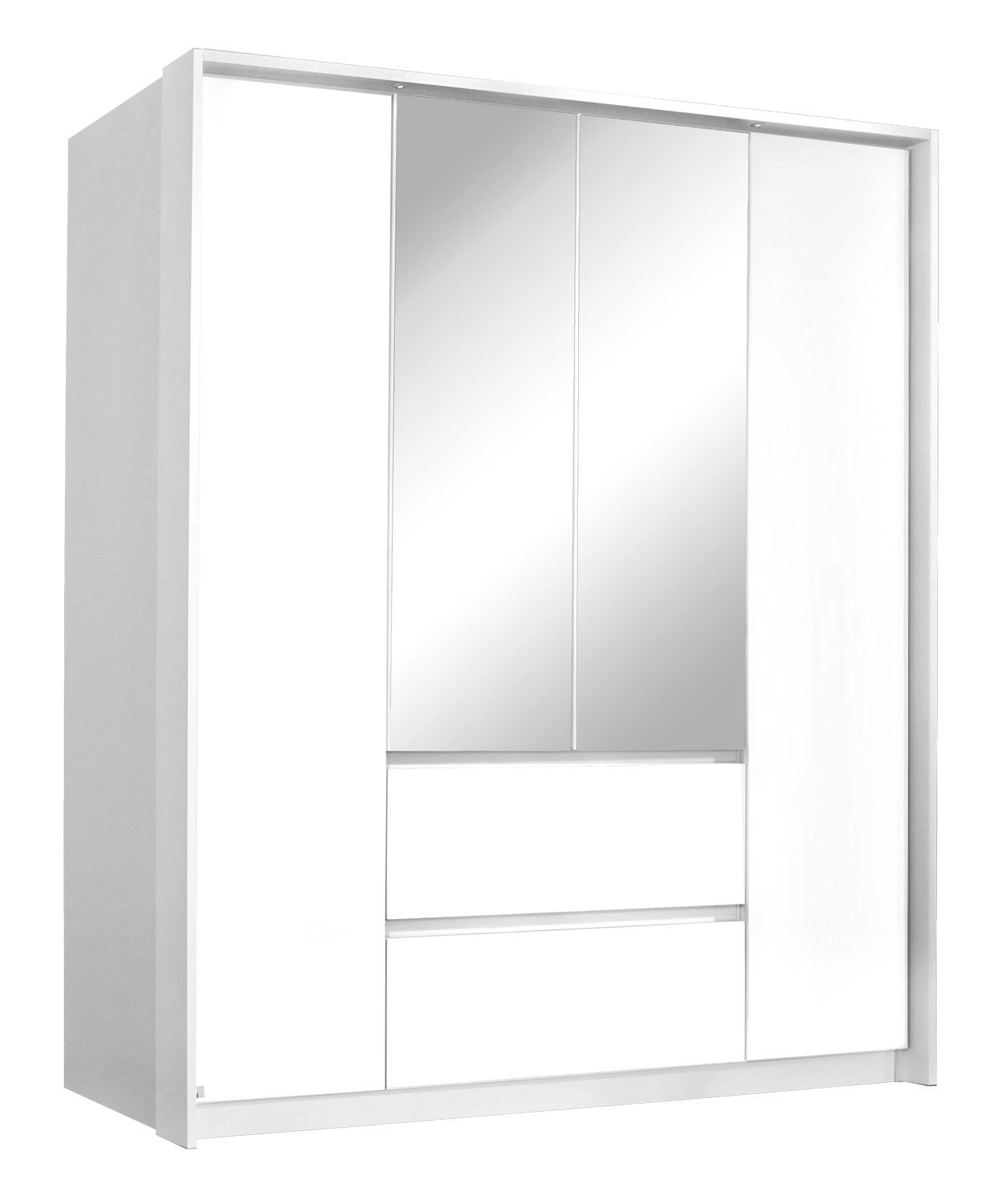 Drehtürenschrank NIDDA, 197 B Spiegel cm, 4 cm Kleiderschrank Türen, Schubladen, Alpinweiß, 181 rauch 2 x mit H