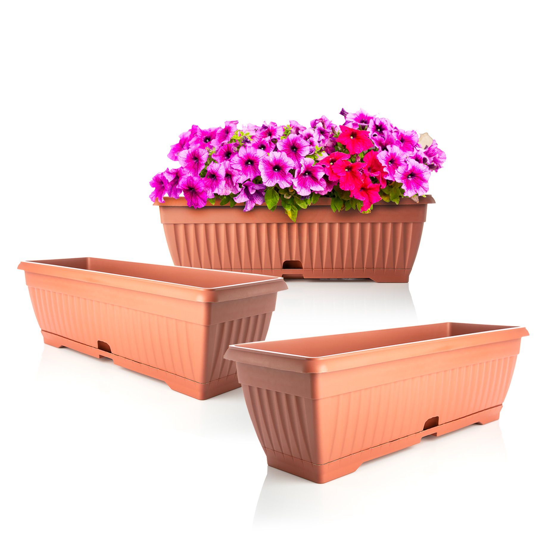 BigDean Blumenkasten 3x Blumenkasten 50cm mit abnehmbarem Untersetzer Balkonkasten Terracotta