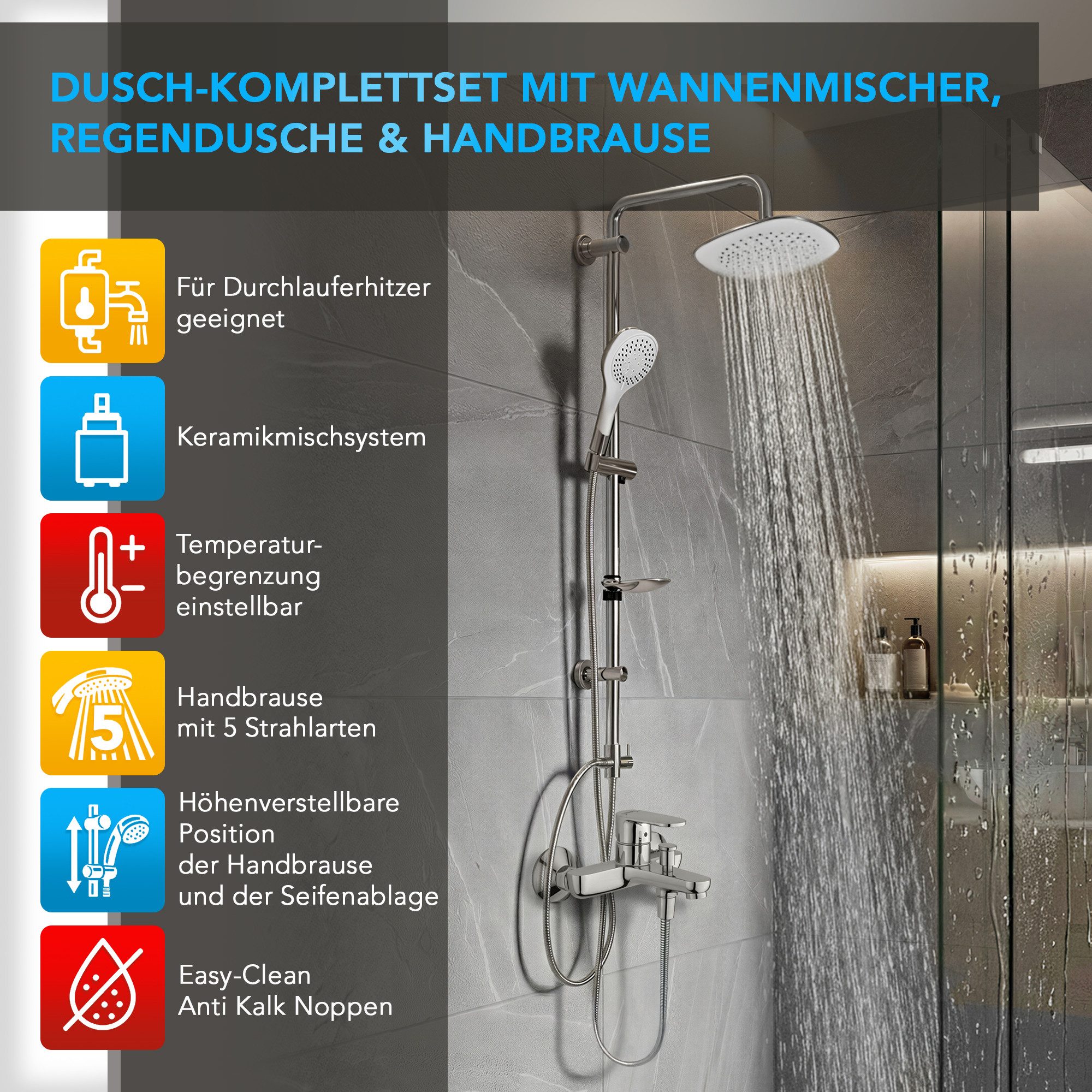 hansgrohe Wannenarmatur Vernis Blend Wannenmischer Set mit Aloni Handbrause und Regendusche (Spar-Set) Einhebel Badewannenarmatur, chrom oder schwarz matt
