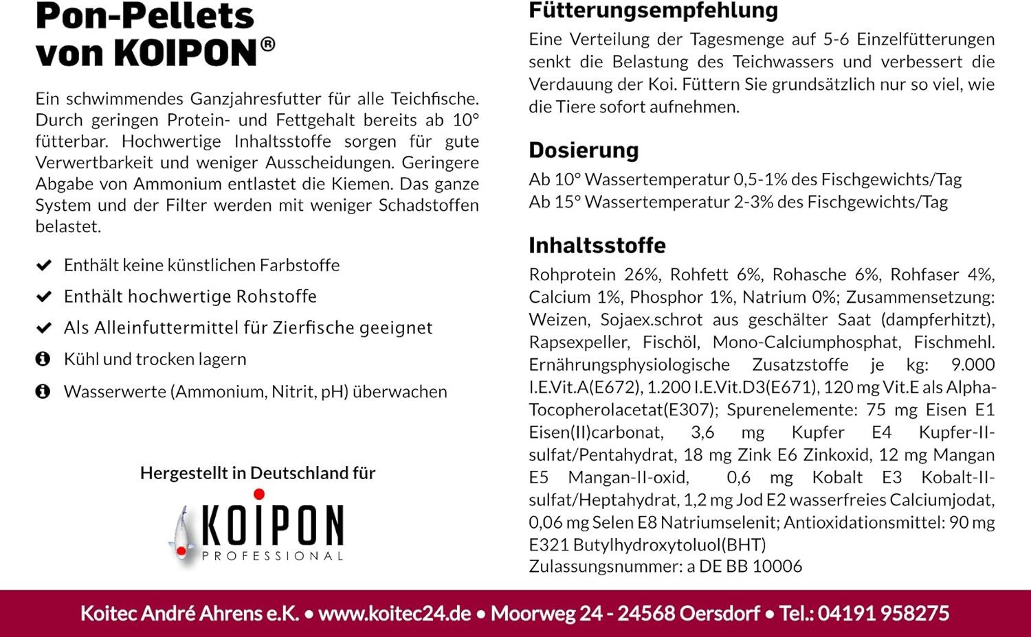 KOIPON KOIPON Pon-Pellets 6mm Ganzjahresfutter für Koi & Goldfische, Trockenfutter für: Fische, Made in Germany