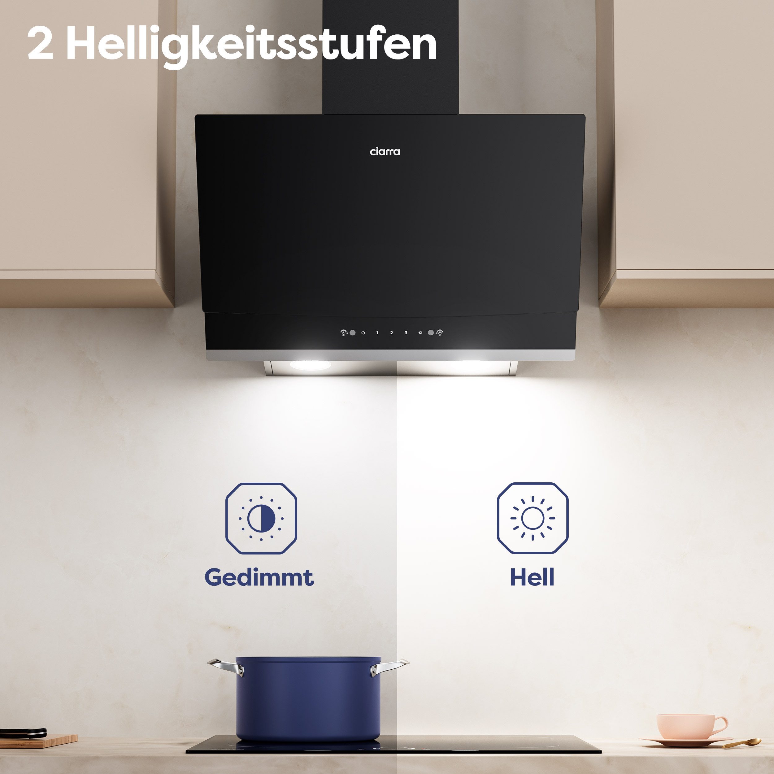 CIARRA Kopffreihaube 60 cm Dunstabzugshaube 710 m³/h Umluft & Abluft A+++ CBCB6736A mit Fettiltern & 2 Aktivkohlefiltern Gestensteuerung & Touch Control – Bild 5 von 5