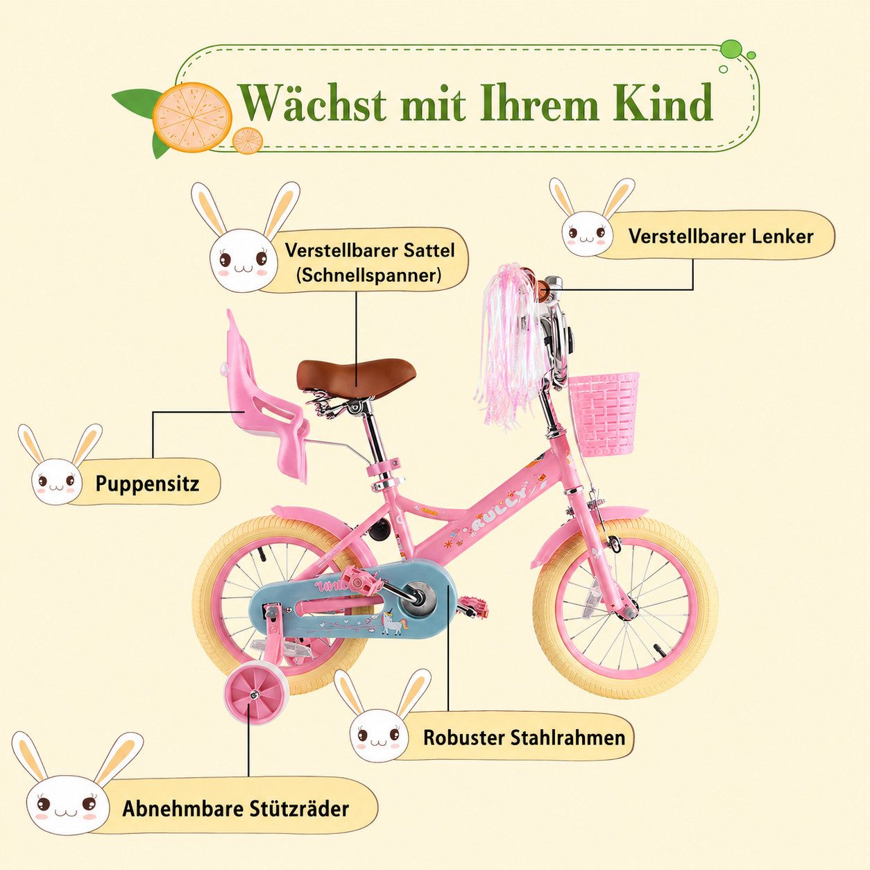 RULLY Kinderfahrrad Kinderfahrrad Mädchen 12/14/16 Zoll für 2–7 Jahre mit Stützrädern, 1 Gang, Mit Korb, Puppensitz, Stützrädern, Schutzblechen & Glocke