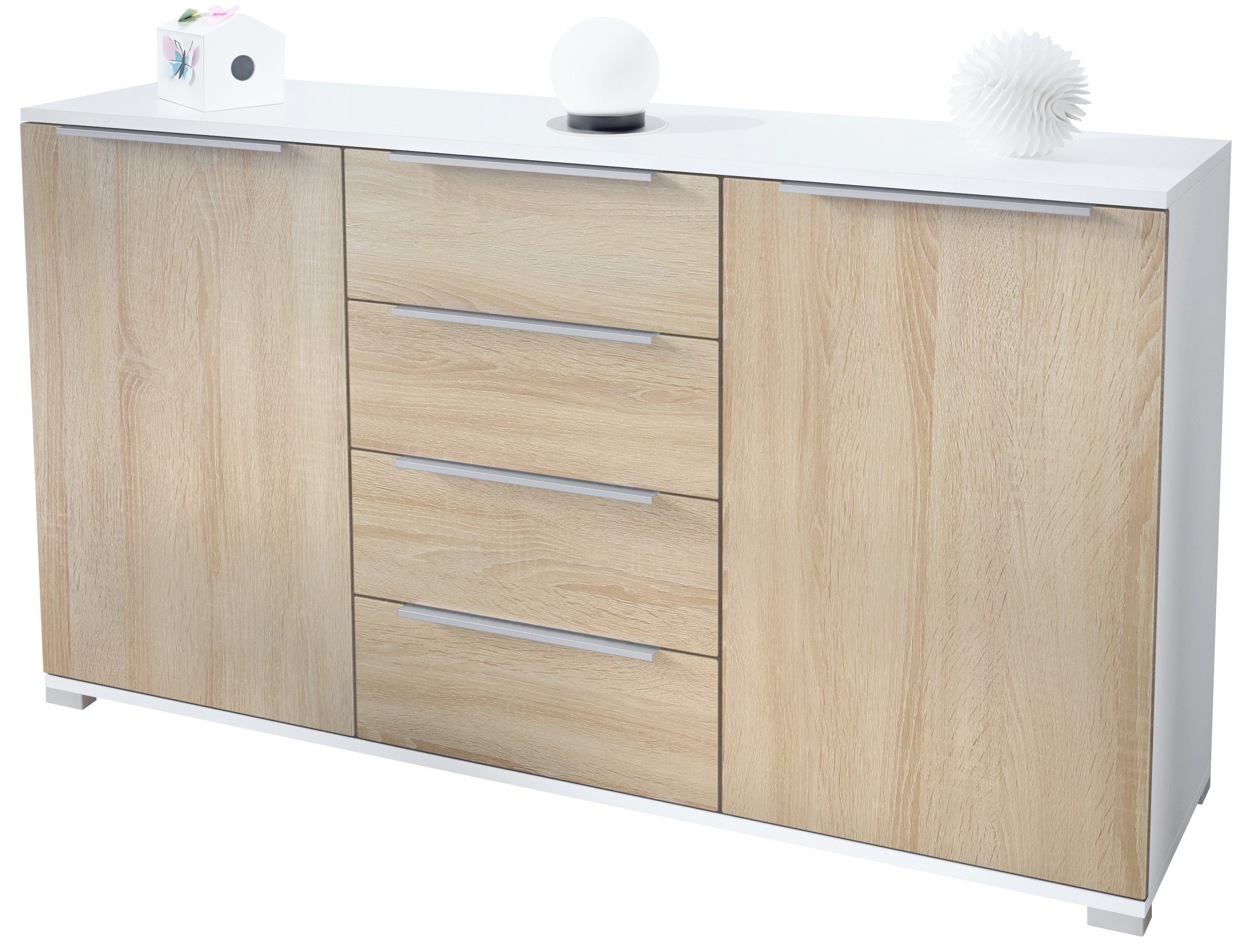 Vladon Sideboard Linio V1 (Anrichte, mit 2 Türen und 4 Schubladen), Weiß matt/Eiche sägerau (138,5 x 75,5 x 35 cm)